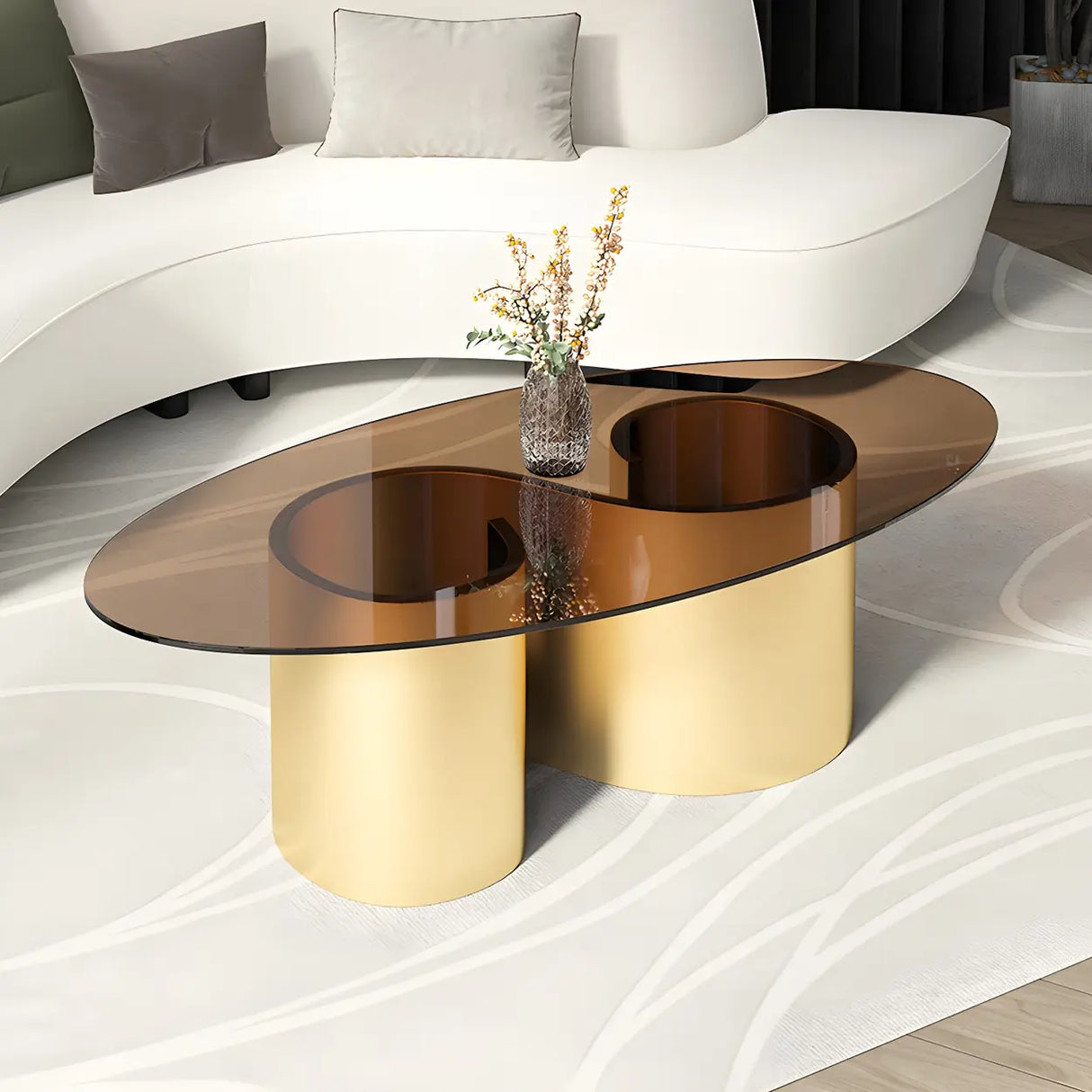 Oval Top Abstract Metal Base Low Height Coffee Table Image - 1
