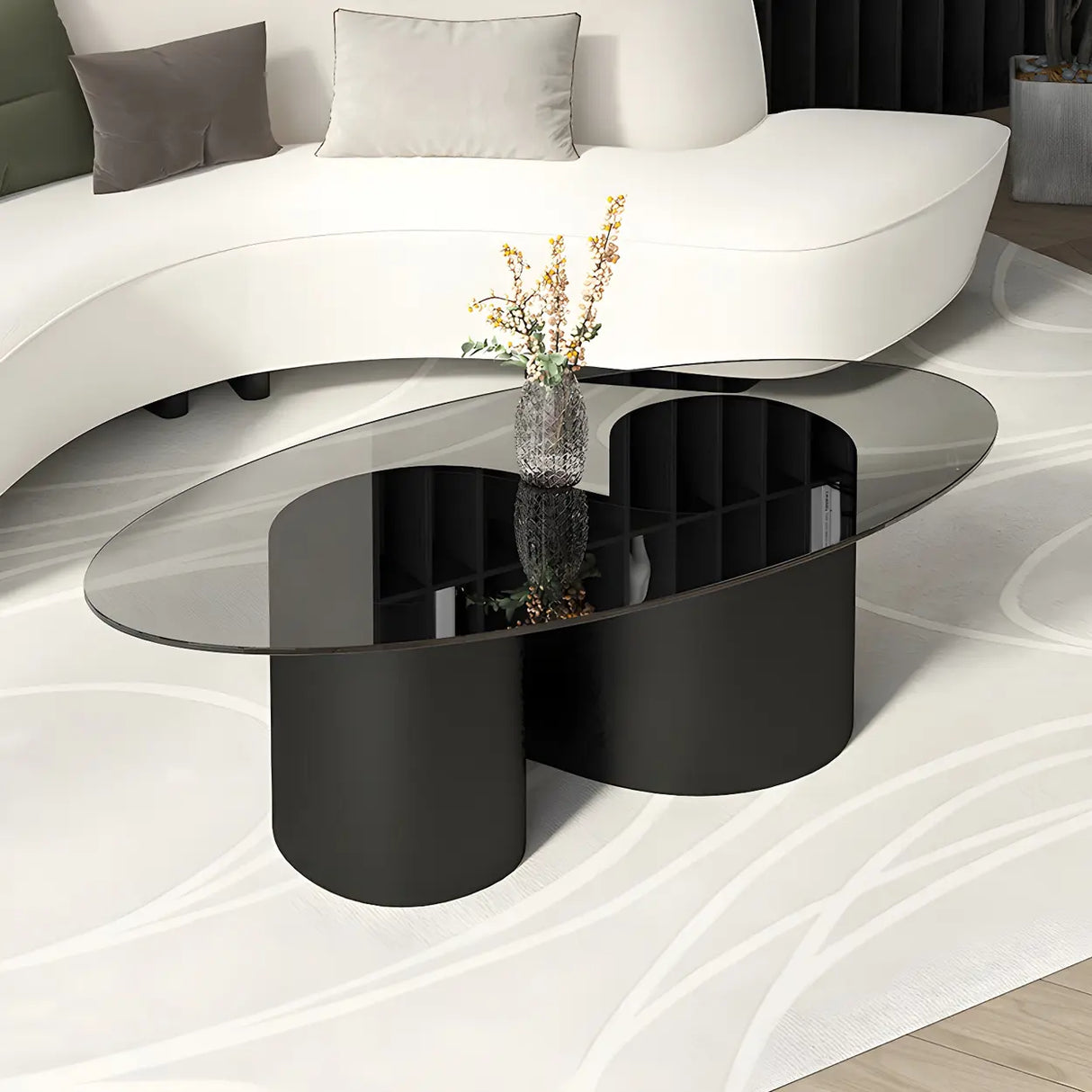 Oval Top Abstract Metal Base Low Height Coffee Table Image - 3
