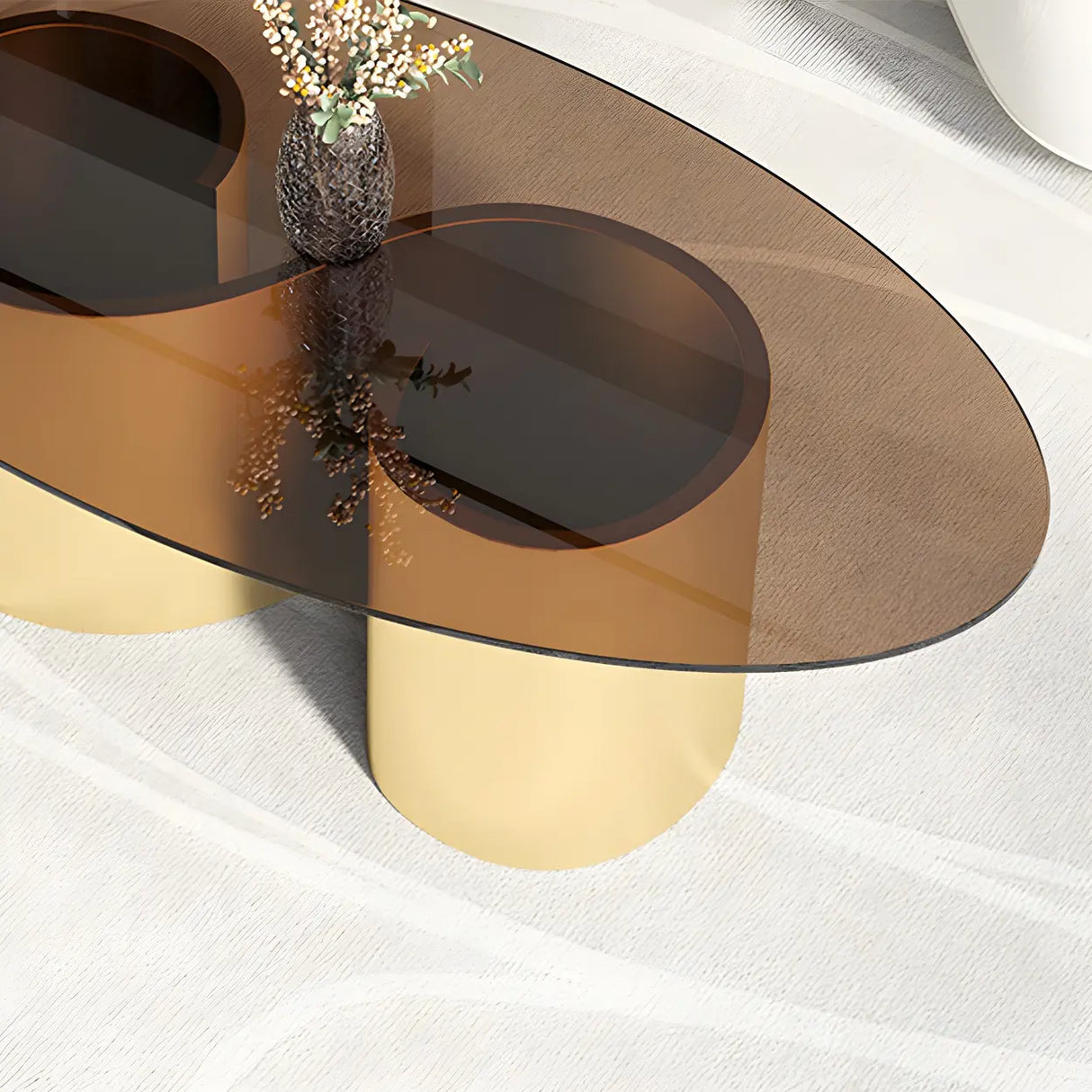 Oval Top Abstract Metal Base Low Height Coffee Table Image - 9