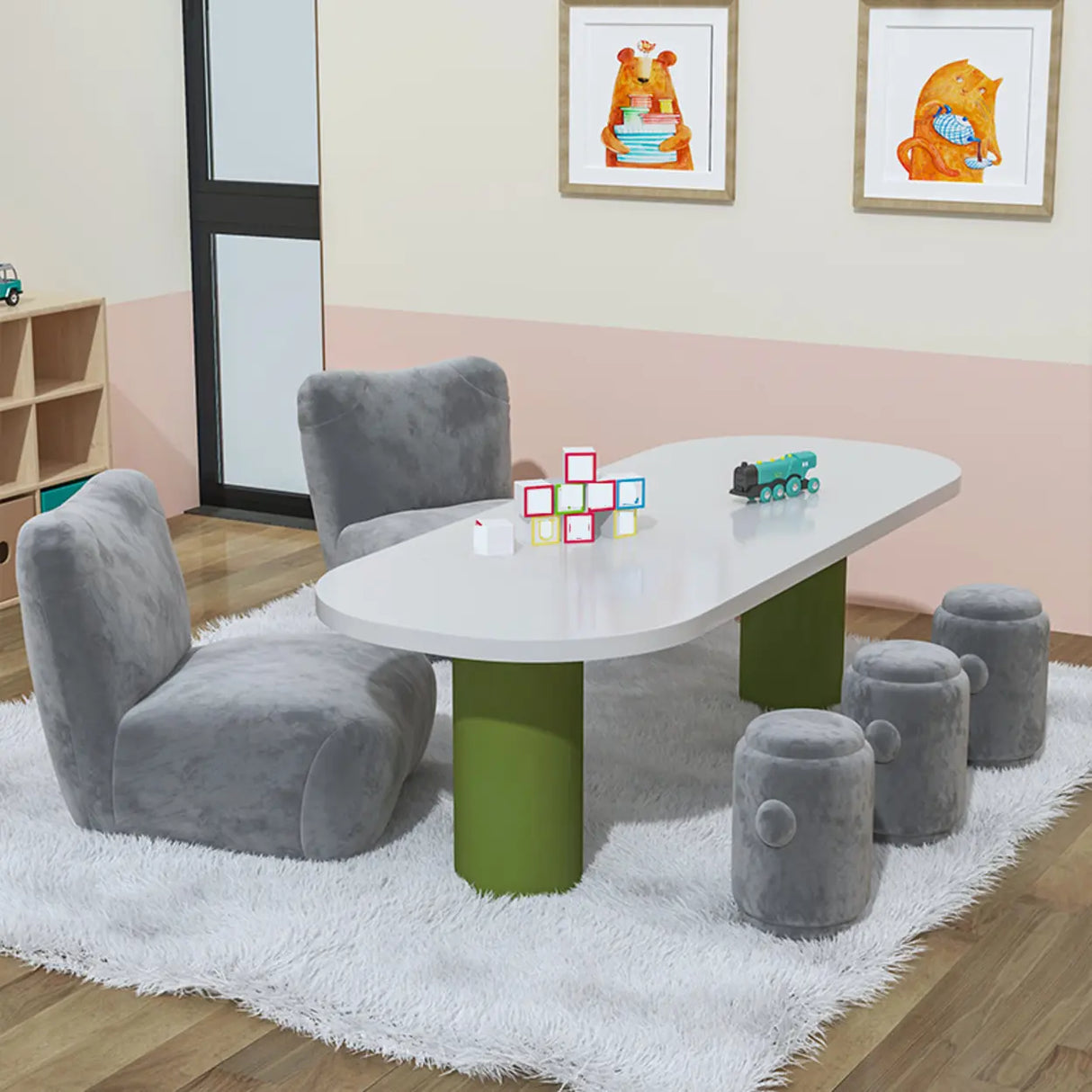 Oval White Wood Green Base Multi-Person Kids Play Table Image - 2