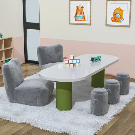 Oval White Wood Green Base Multi-Person Kids Play Table Image - 2