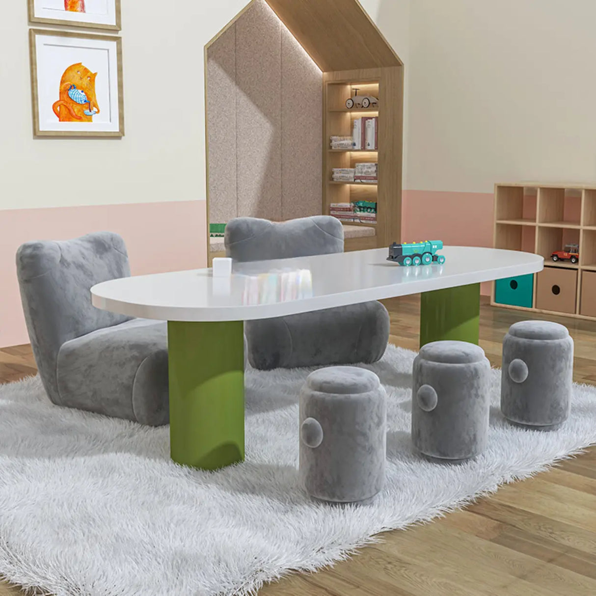 Oval White Wood Green Base Multi-Person Kids Play Table Image - 3