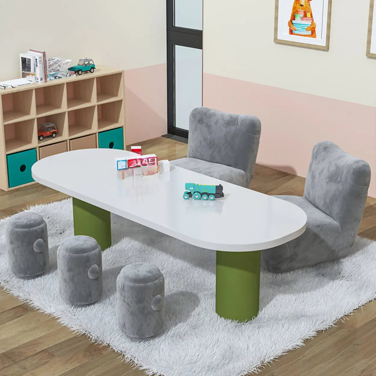 Oval White Wood Green Base Multi-Person Kids Play Table Image - 4