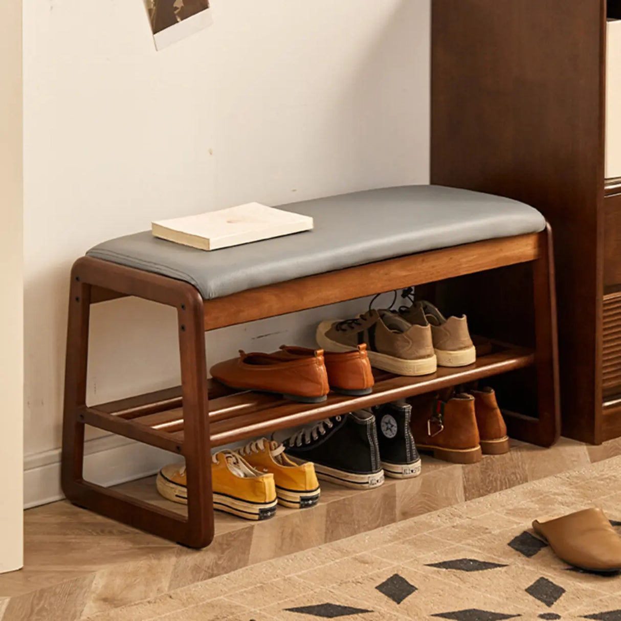 Padded Entryway Bench with Double Shoe Storage Shelf Image - 1