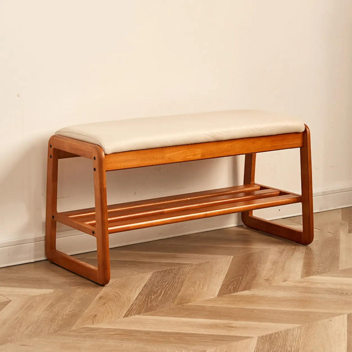 Padded Entryway Bench with Double Shoe Storage Shelf Image - 3