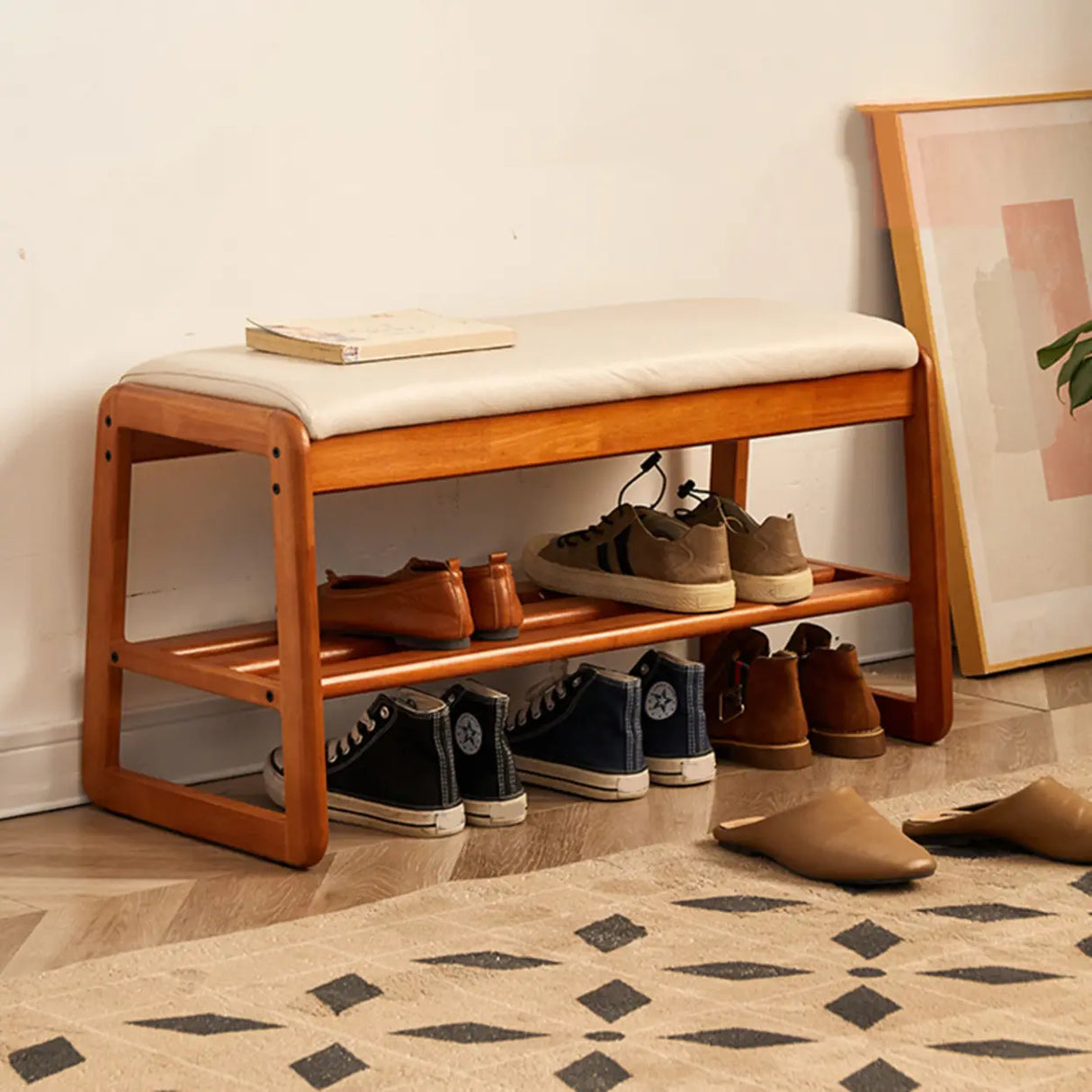 Padded Entryway Bench with Double Shoe Storage Shelf Image - 4