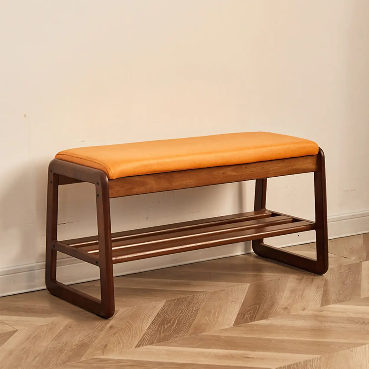 Padded Entryway Bench with Double Shoe Storage Shelf Image - 5