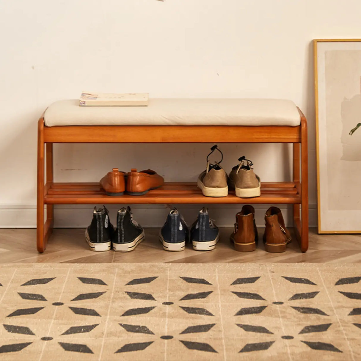 Padded Entryway Bench with Double Shoe Storage Shelf Image - 6