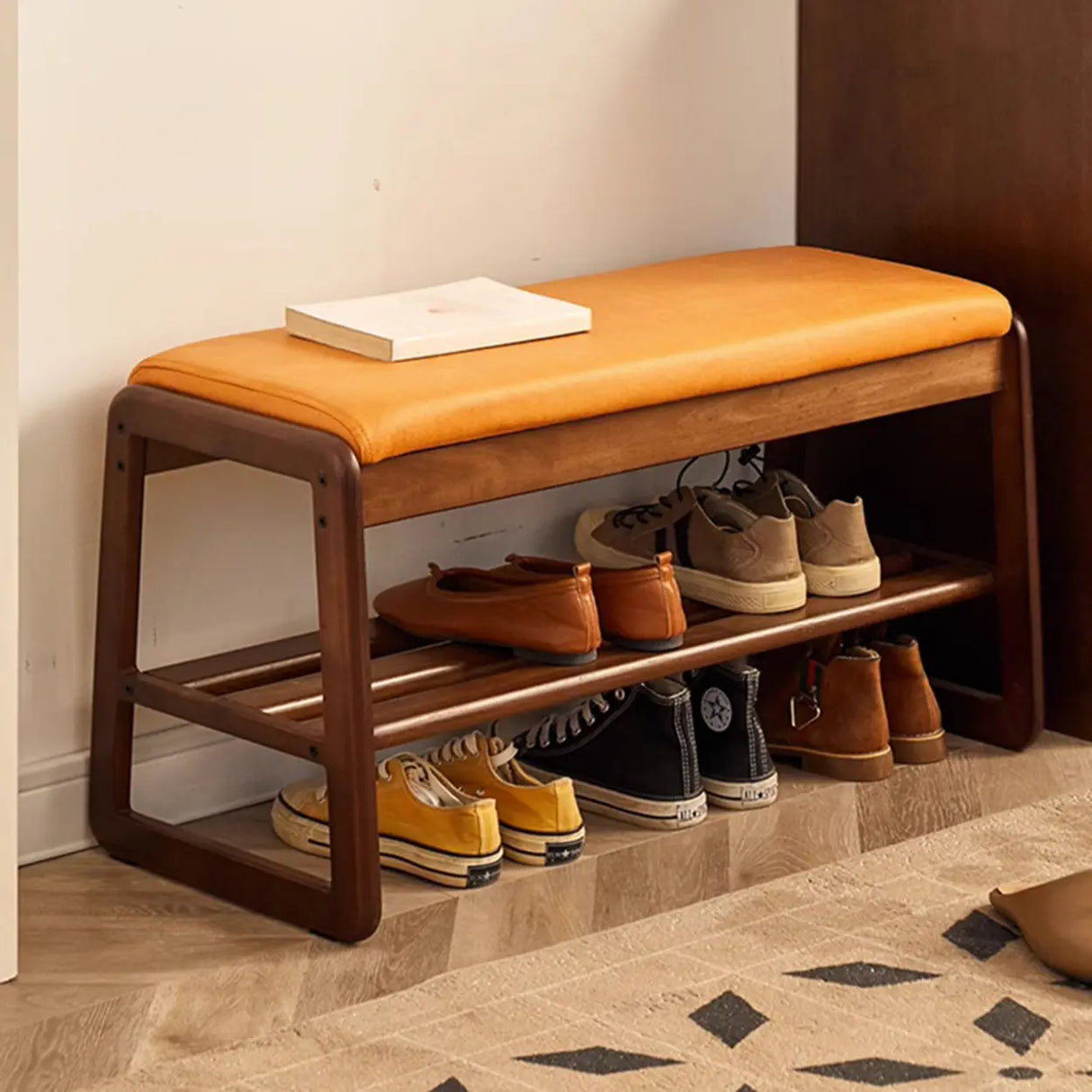 Padded Entryway Bench with Double Shoe Storage Shelf Image - 8