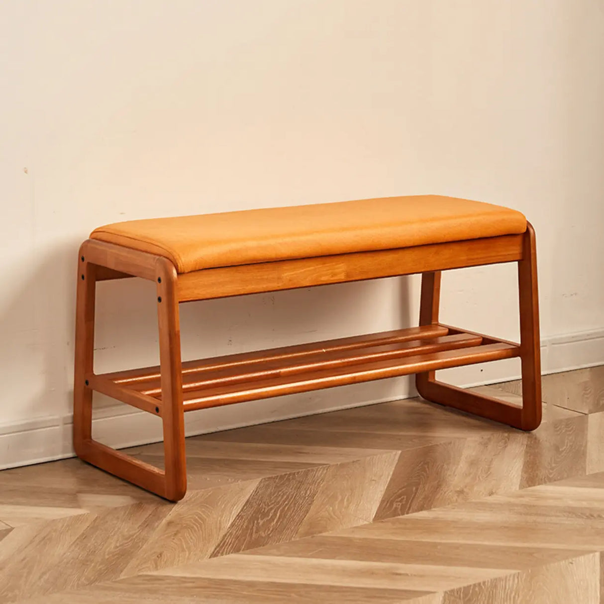 Padded Entryway Bench with Double Shoe Storage Shelf Image - 9