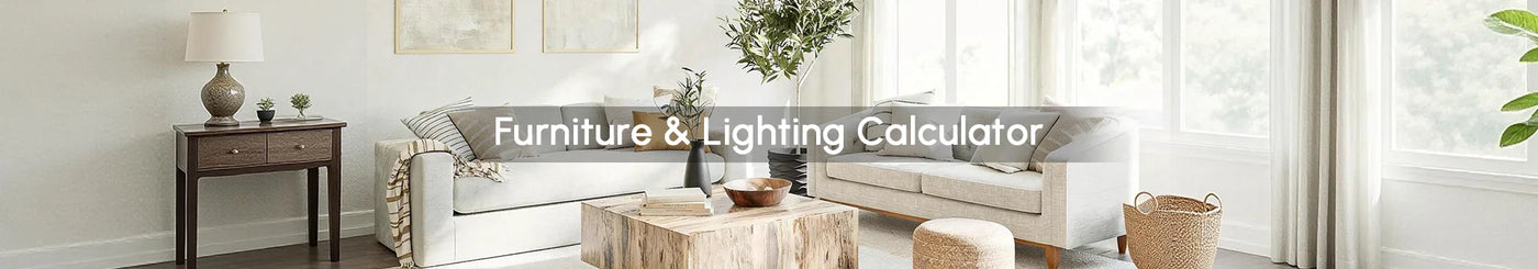 Modern living room with furniture and lighting, featuring a calculator overlay.