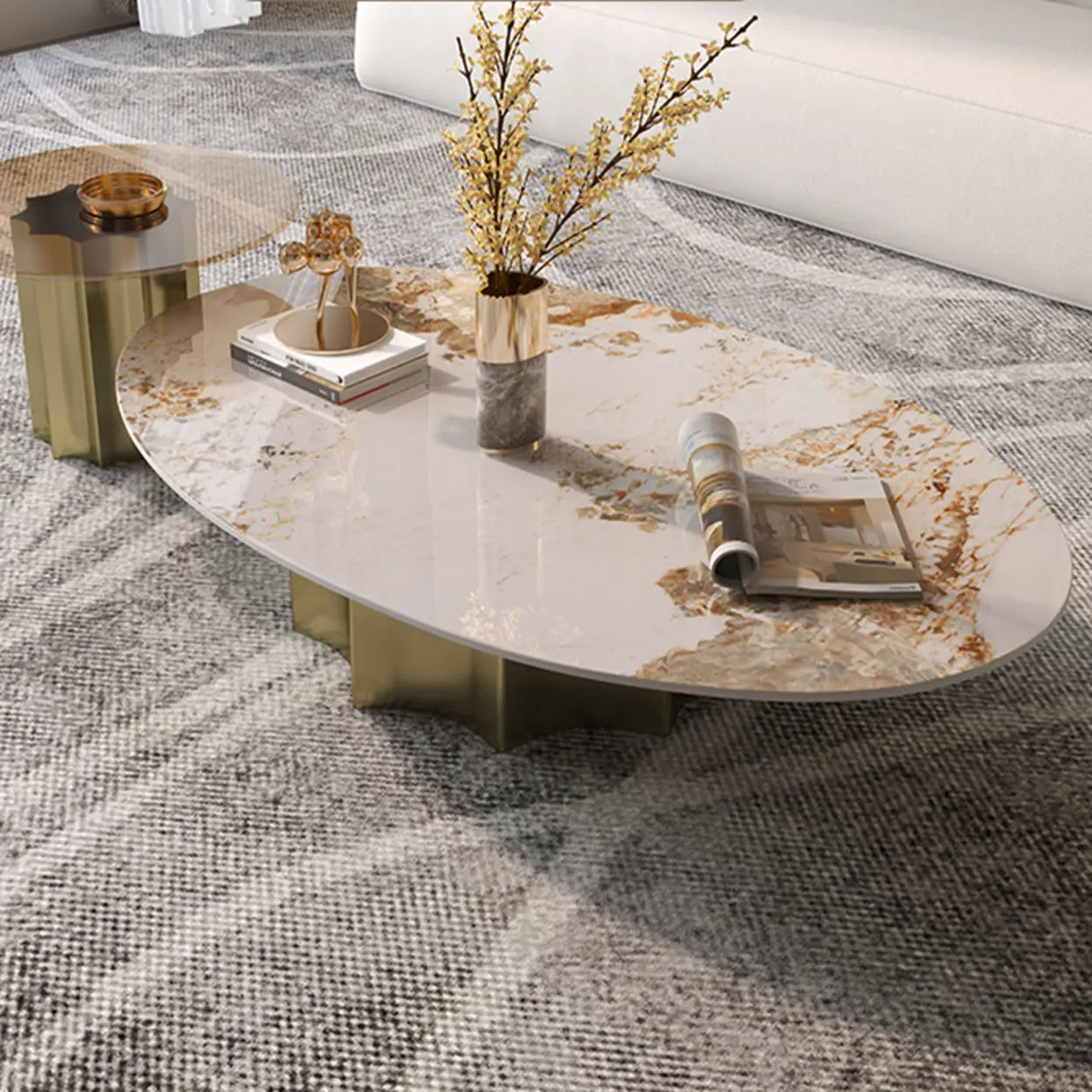 Pandora Gold Scratch Resistant Stone Oval Coffee Table Image - 1