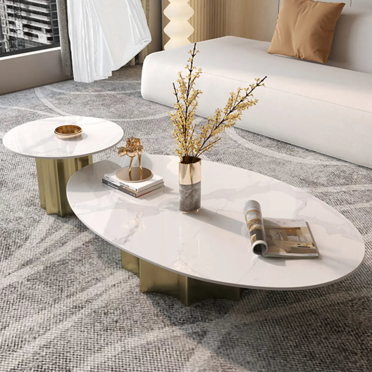 Pandora Gold Scratch Resistant Stone Oval Coffee Table Image - 2