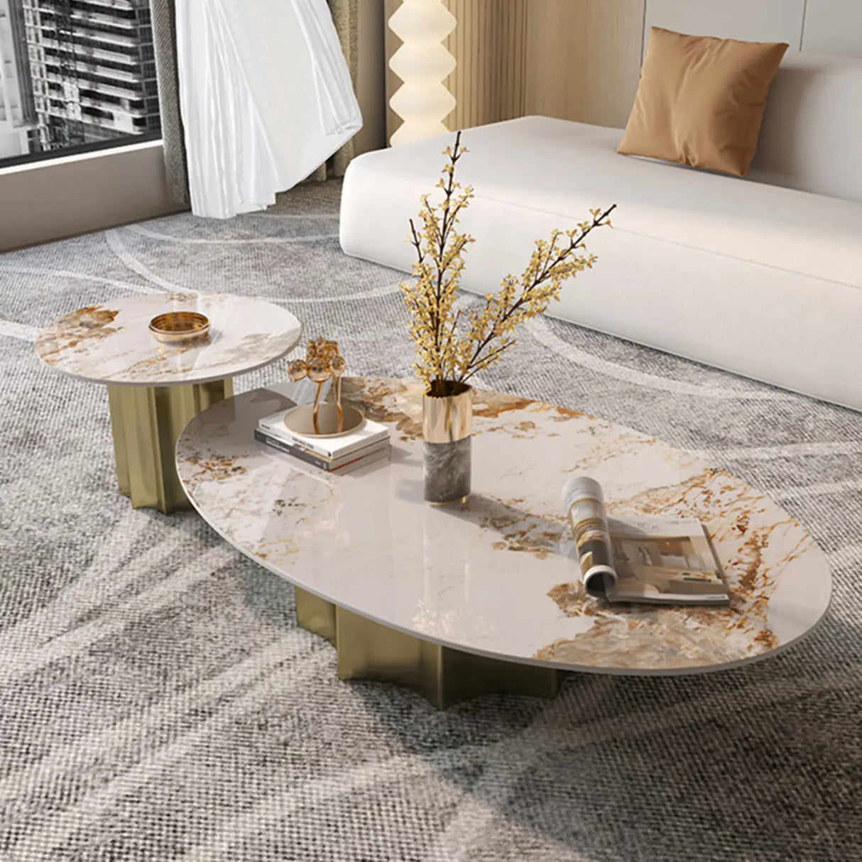Pandora Gold Scratch Resistant Stone Oval Coffee Table Image - 3