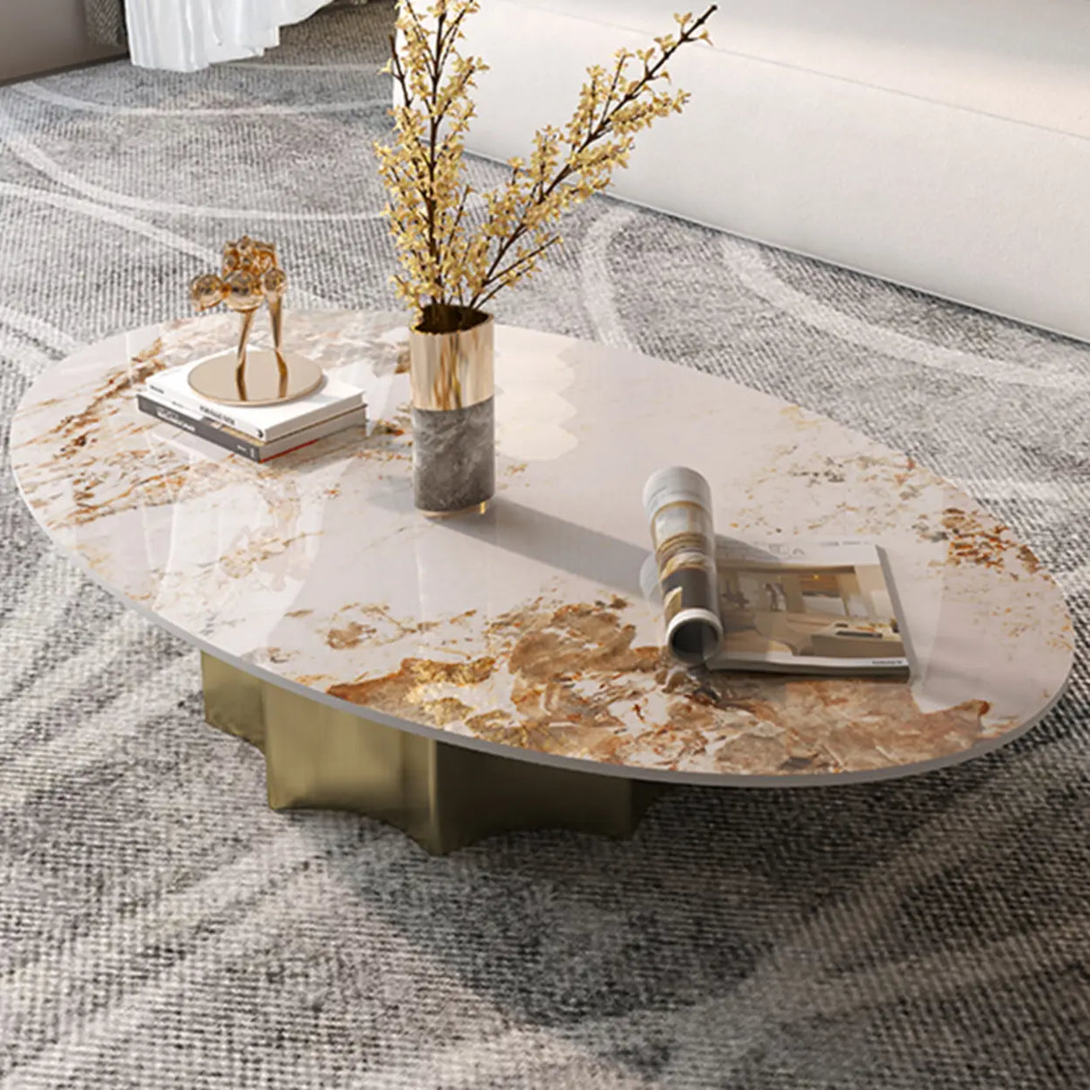 Pandora Gold Scratch Resistant Stone Oval Coffee Table Image - 4