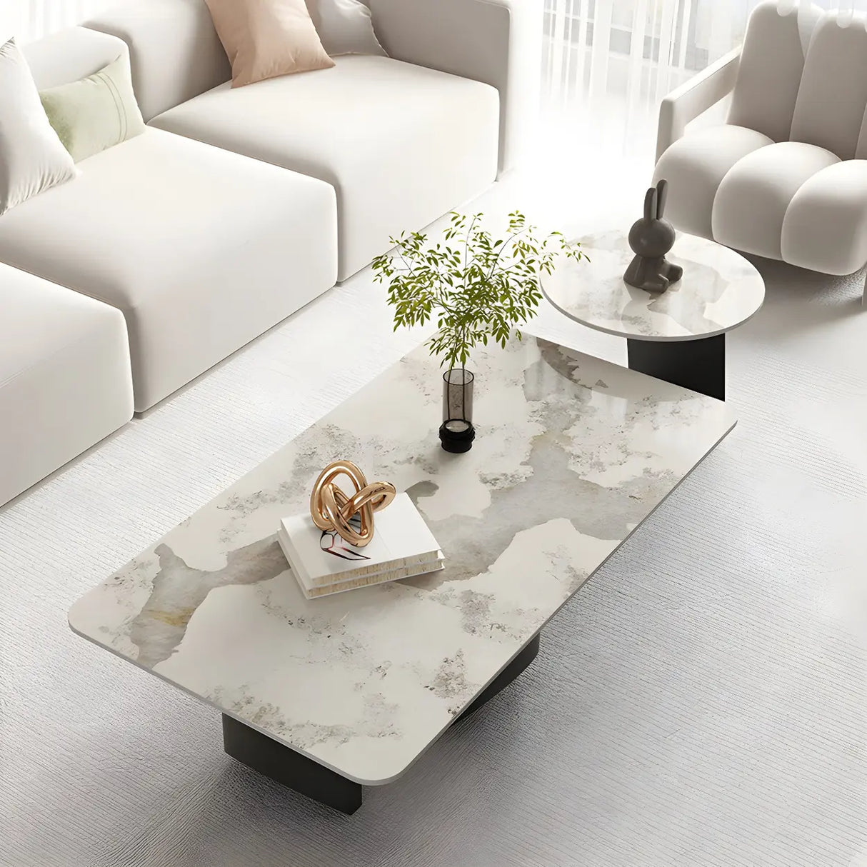 Pandora Gold Stone Top Black Metal Base Coffee Table Image - 6