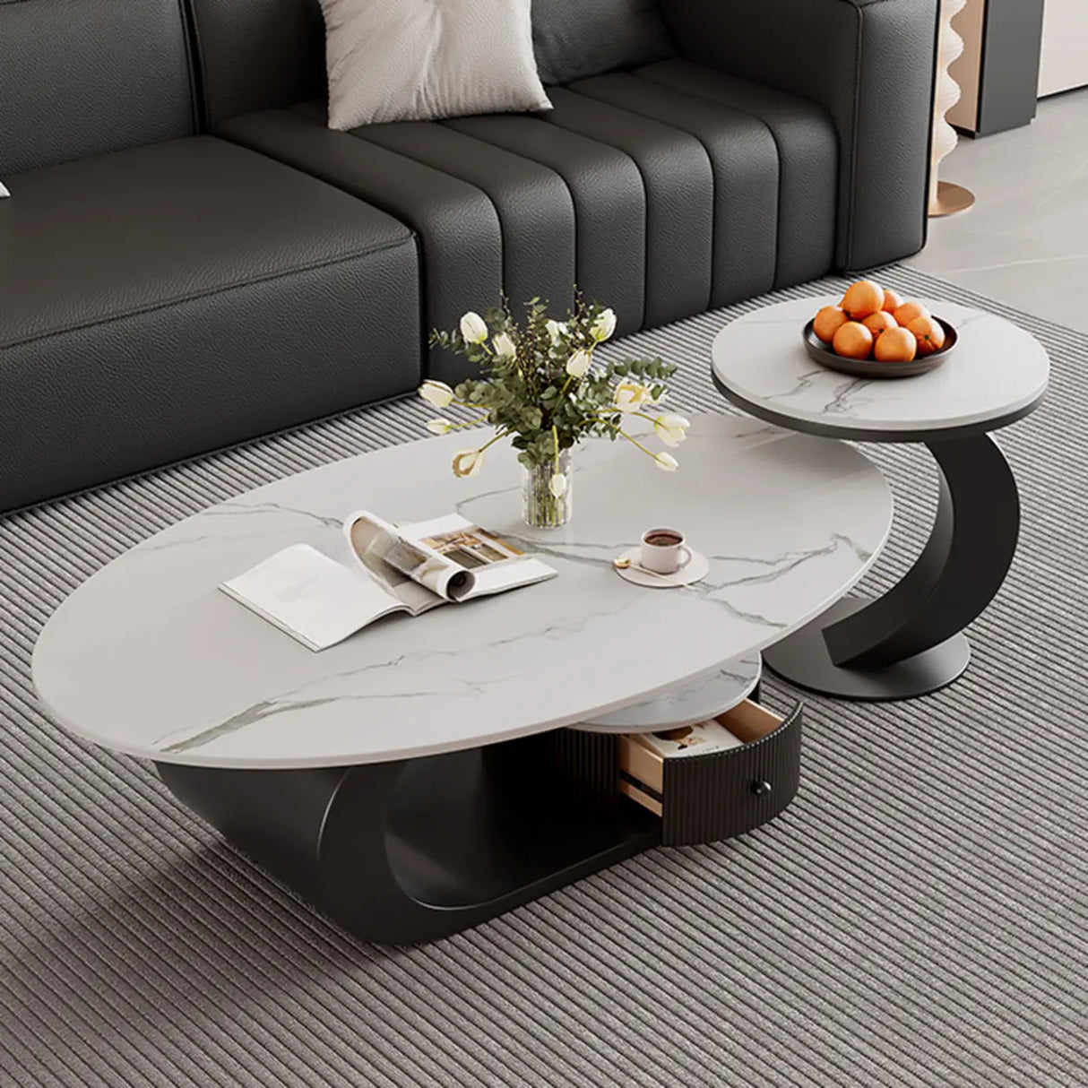 Pandora Stone Oval Abstract Base Nesting Coffee Table Image - 4