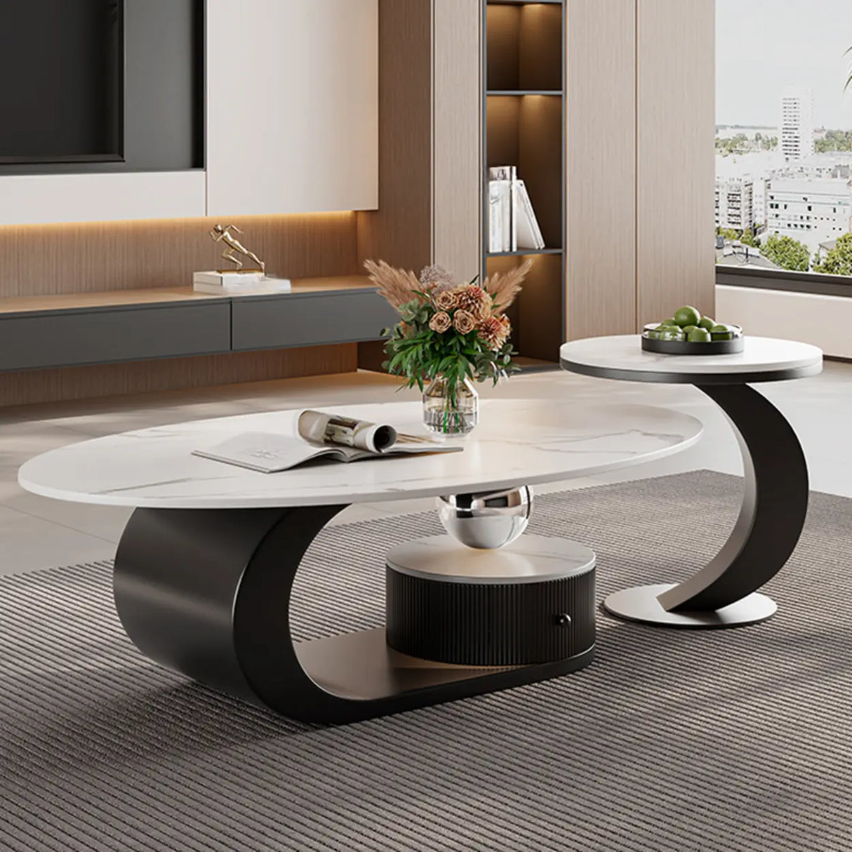 Pandora Stone Oval Abstract Base Nesting Coffee Table Image - 6