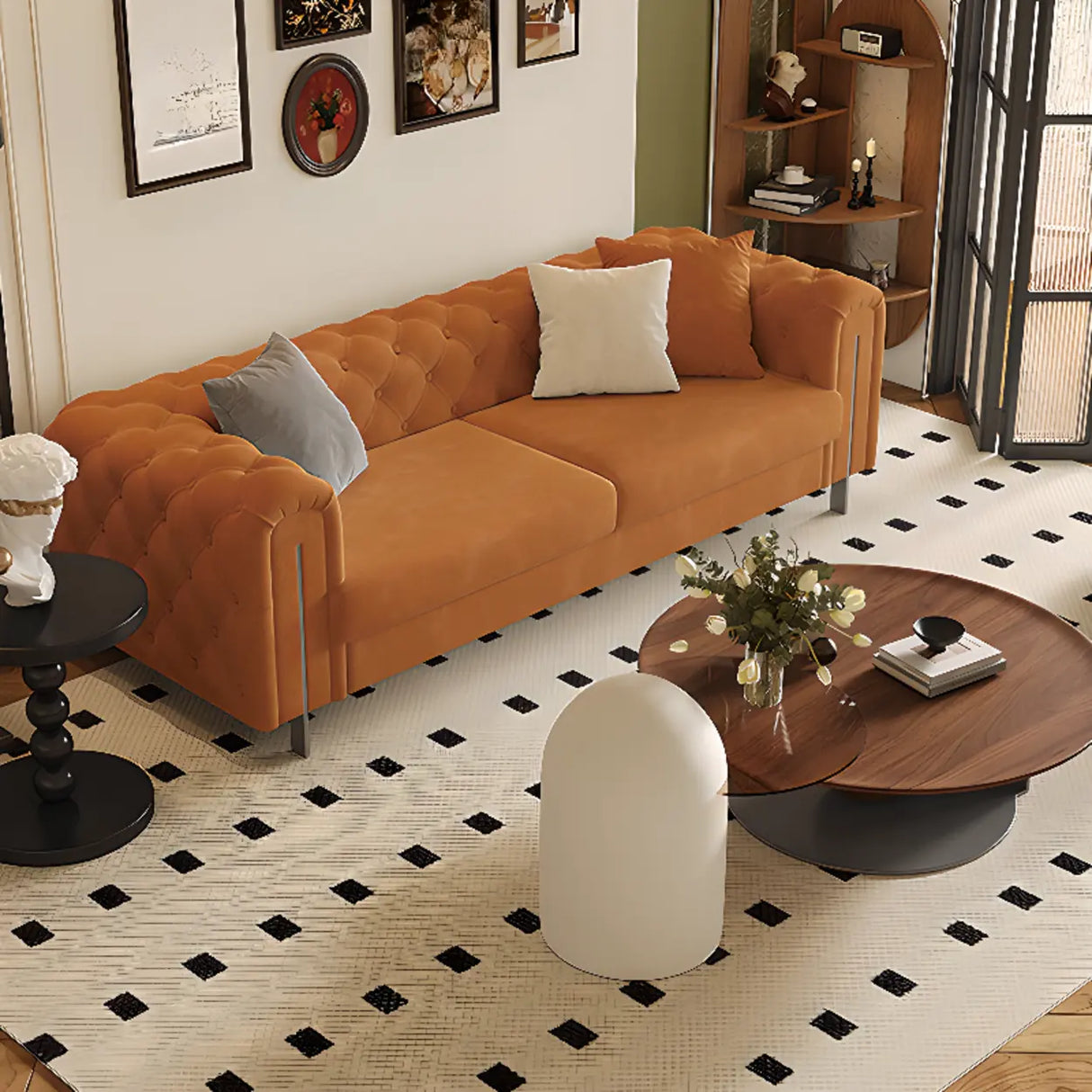 Parlor Orange Flannel Tuxedo Arm Tufted Back Loveseat Image - 1