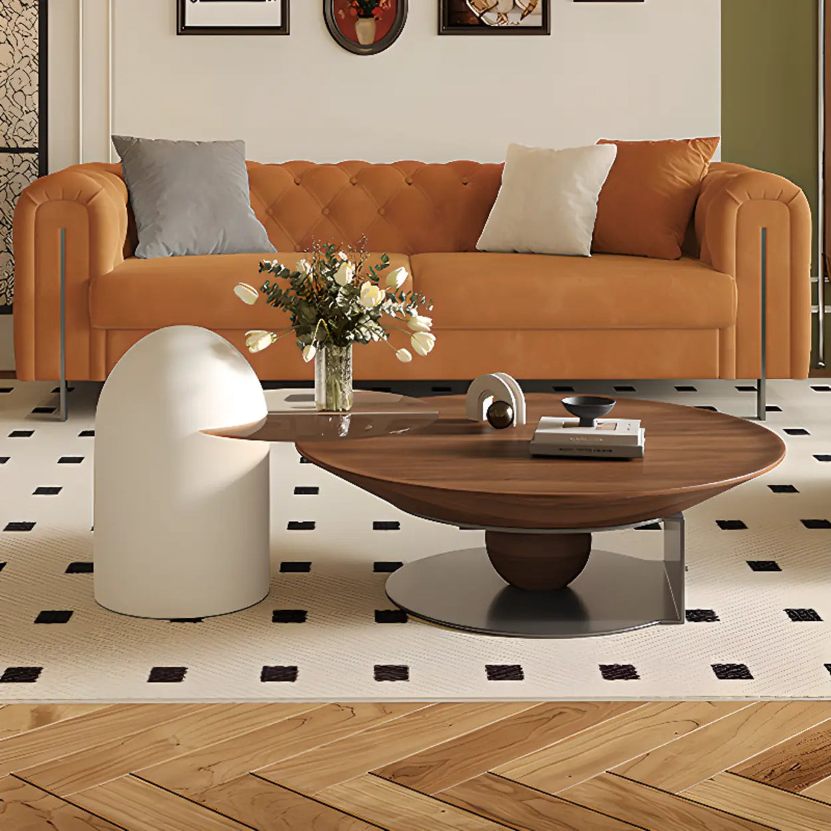 Parlor Orange Flannel Tuxedo Arm Tufted Back Loveseat Image - 2