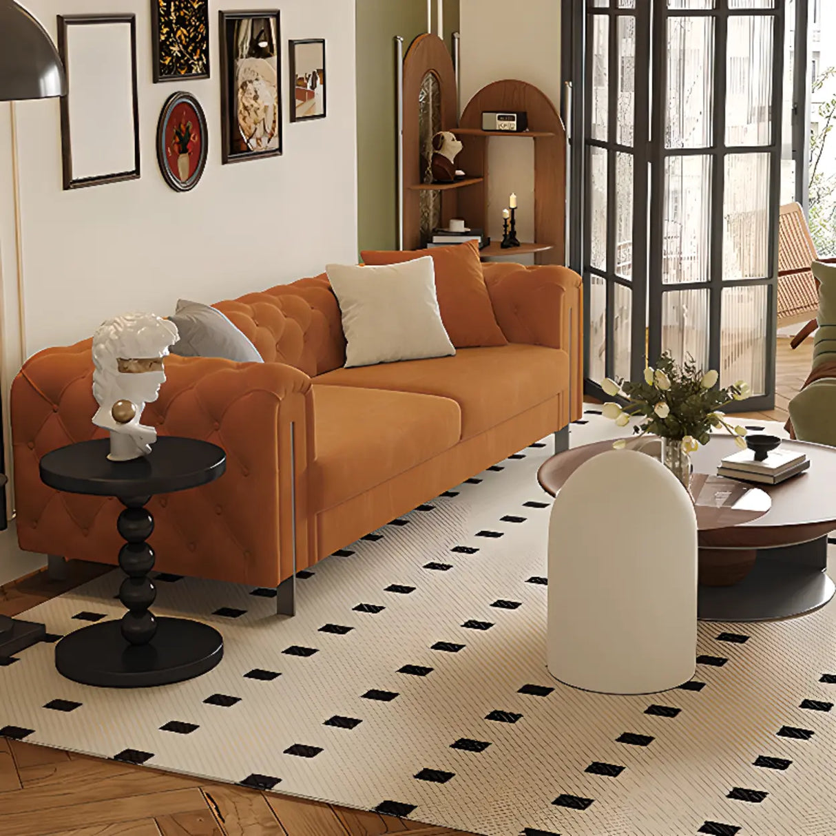 Parlor Orange Flannel Tuxedo Arm Tufted Back Loveseat Image - 3