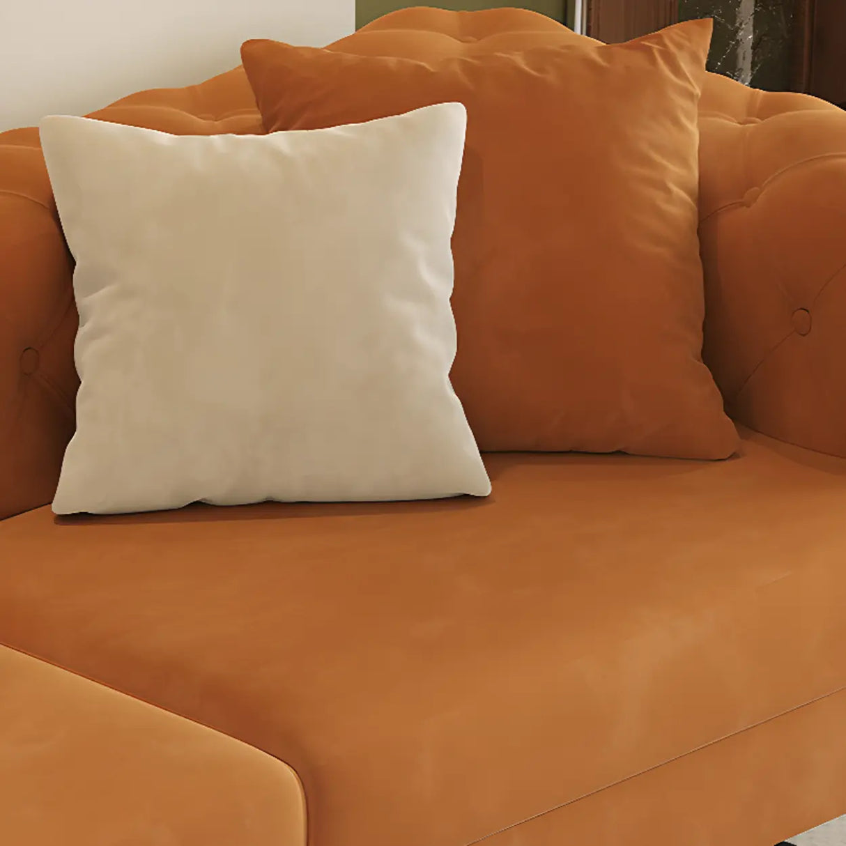 Parlor Orange Flannel Tuxedo Arm Tufted Back Loveseat Image - 6