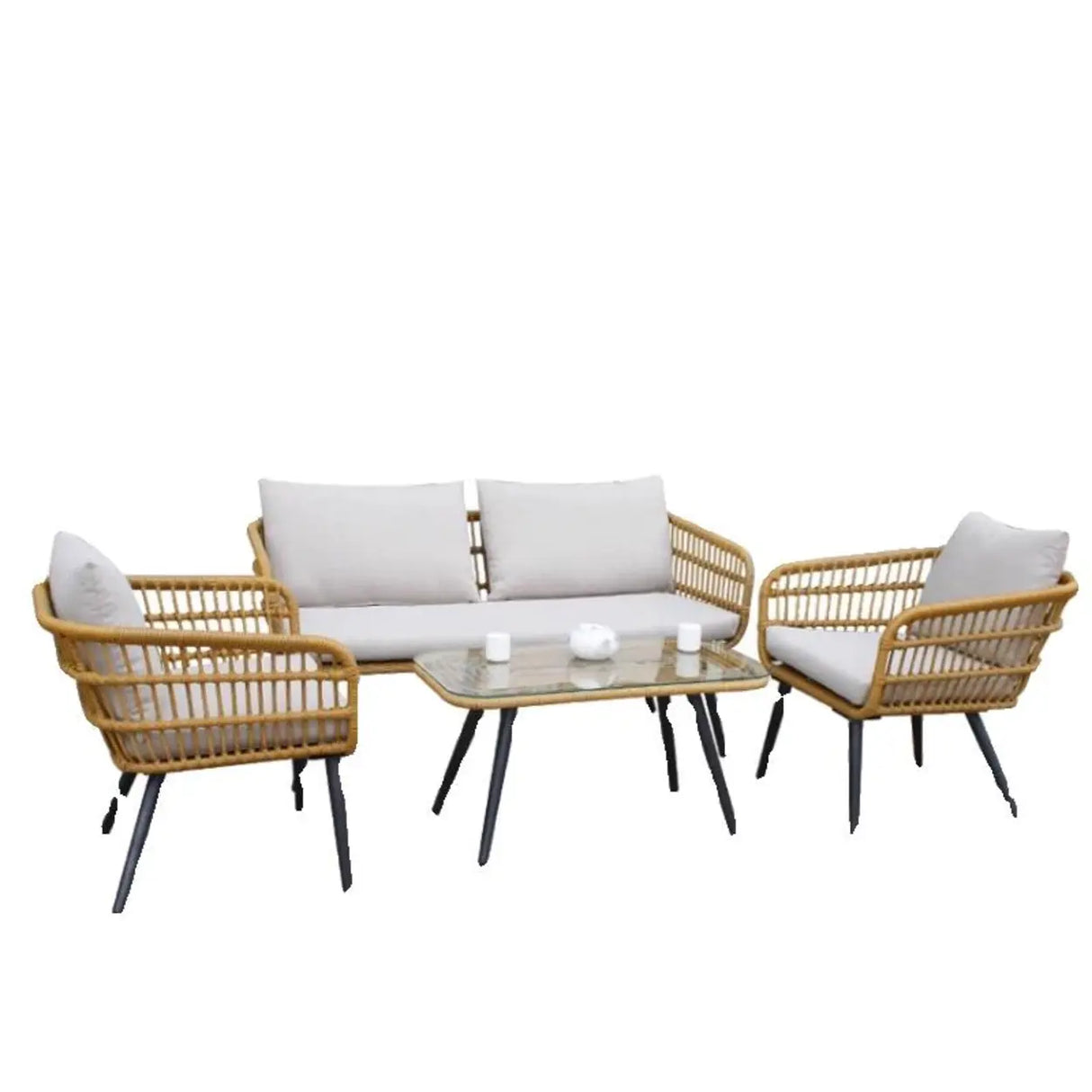 Patio Rattan Rectangular Beige Waterproof Conversation Set Image - 11