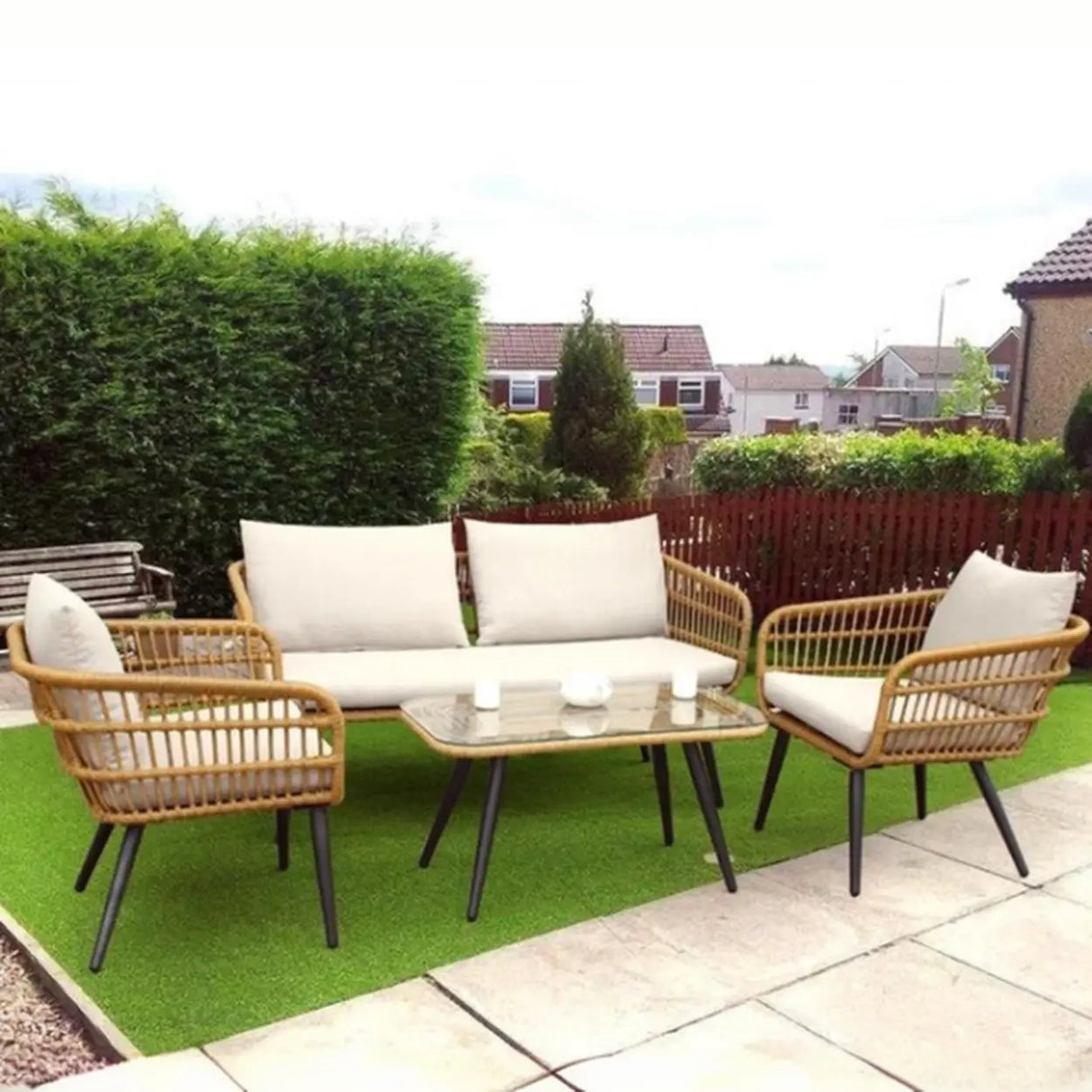 Patio Rattan Rectangular Beige Waterproof Conversation Set Image - 1