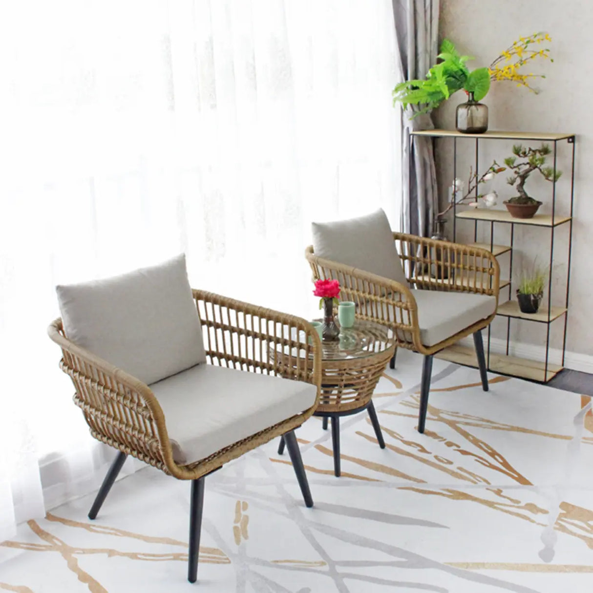 Patio Rattan Rectangular Beige Waterproof Conversation Set Image - 9