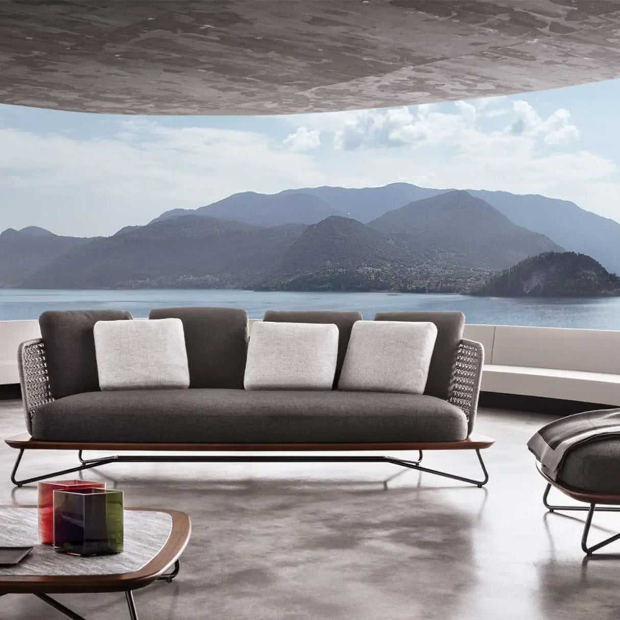 Patio Stone Coffee Table Set and Gray Upholstered Sofa Image - 1