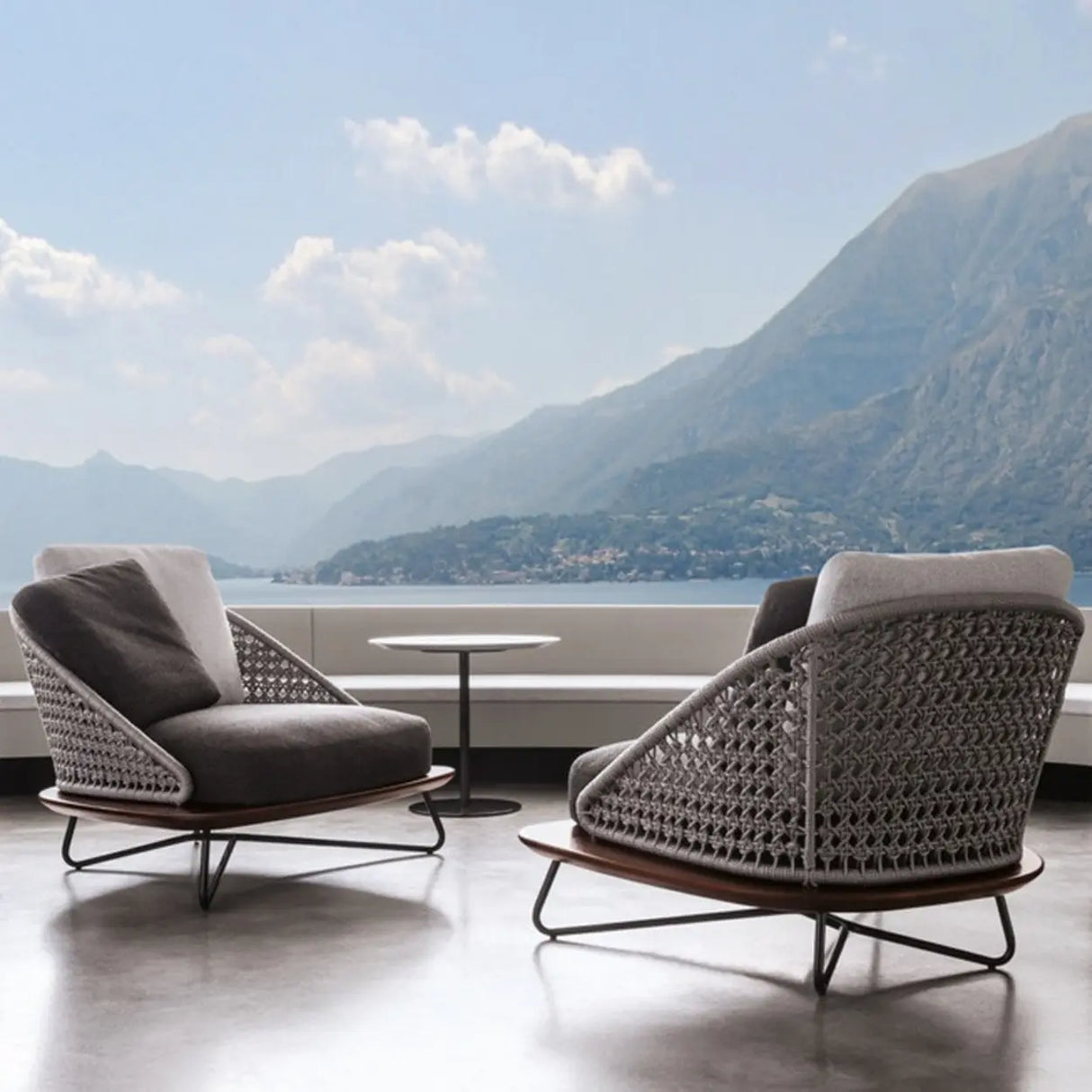 Patio Stone Coffee Table Set and Gray Upholstered Sofa Image - 2