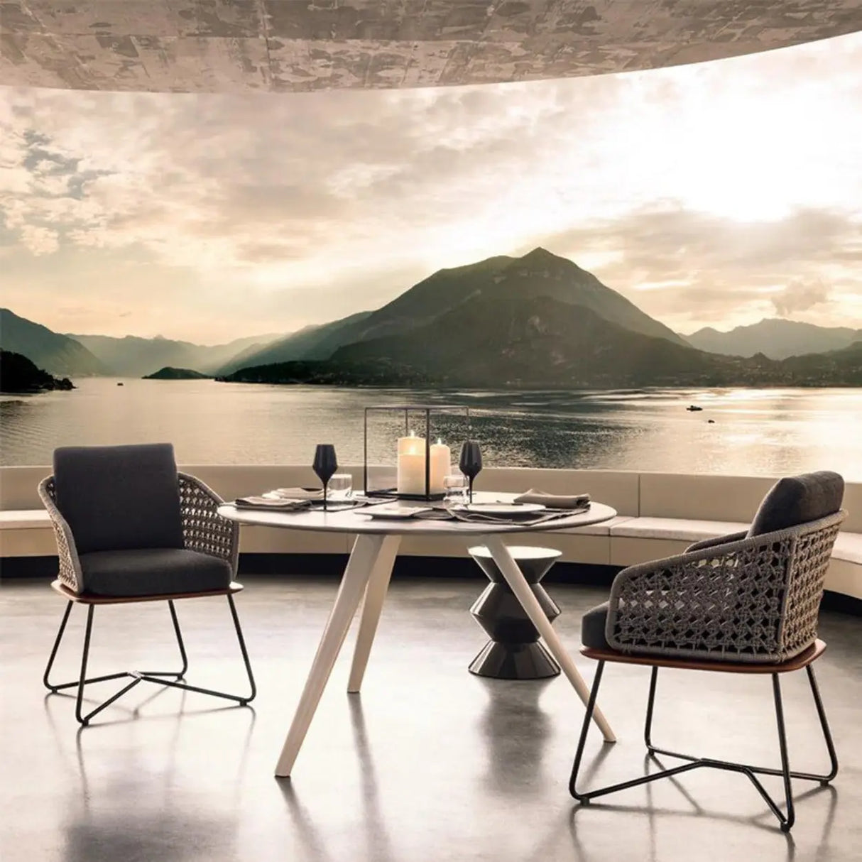 Patio Stone Coffee Table Set and Gray Upholstered Sofa Image - 4