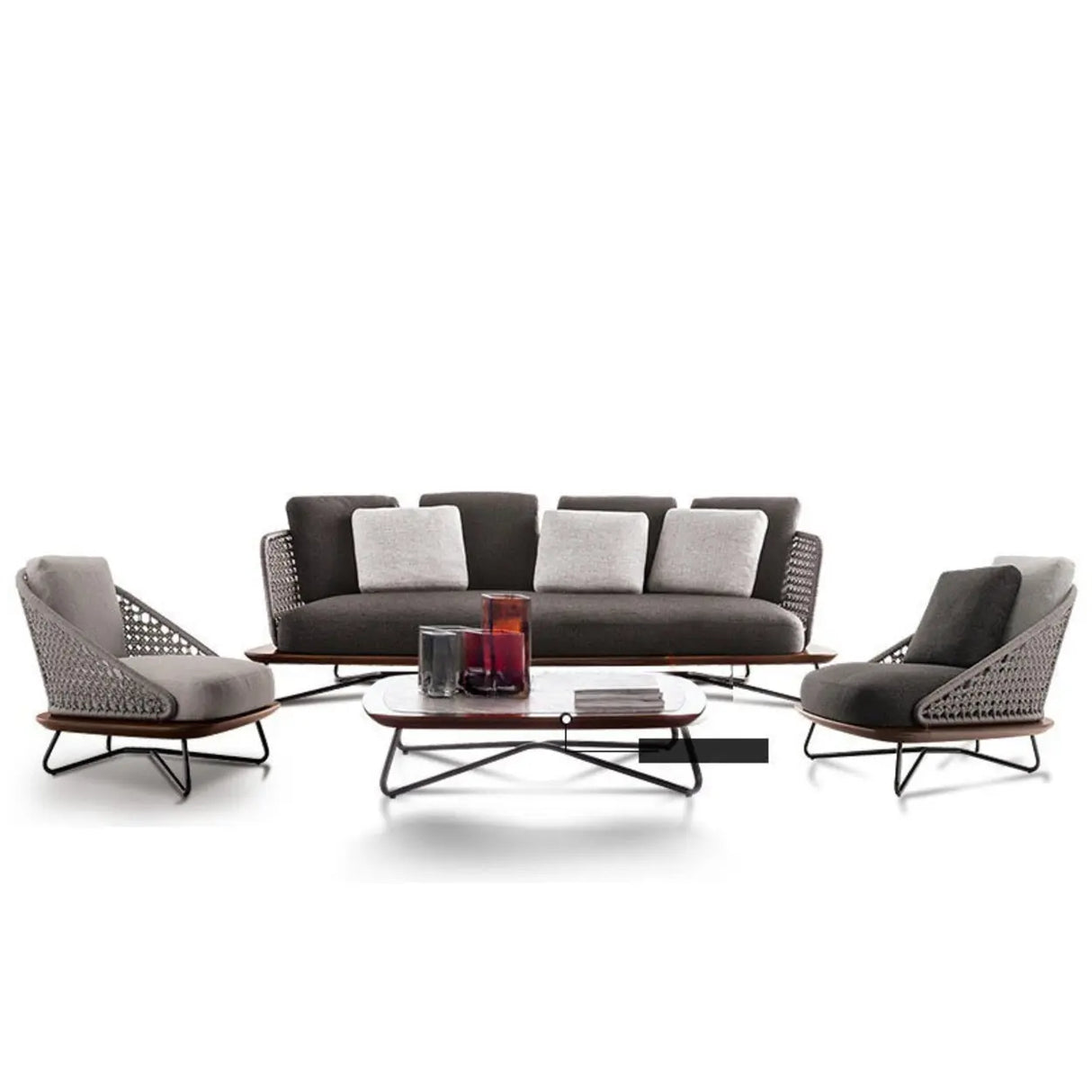 Patio Stone Coffee Table Set and Gray Upholstered Sofa Image - 6