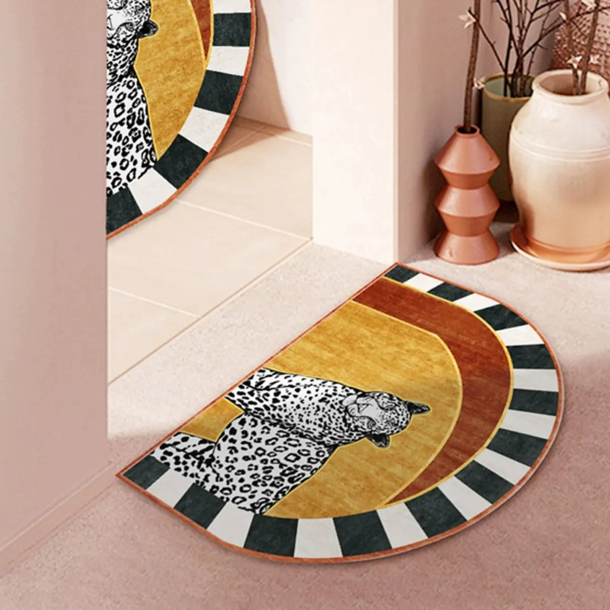 Pet-Friendly Semicircle Polyester Leopard Area Rug Image - 1