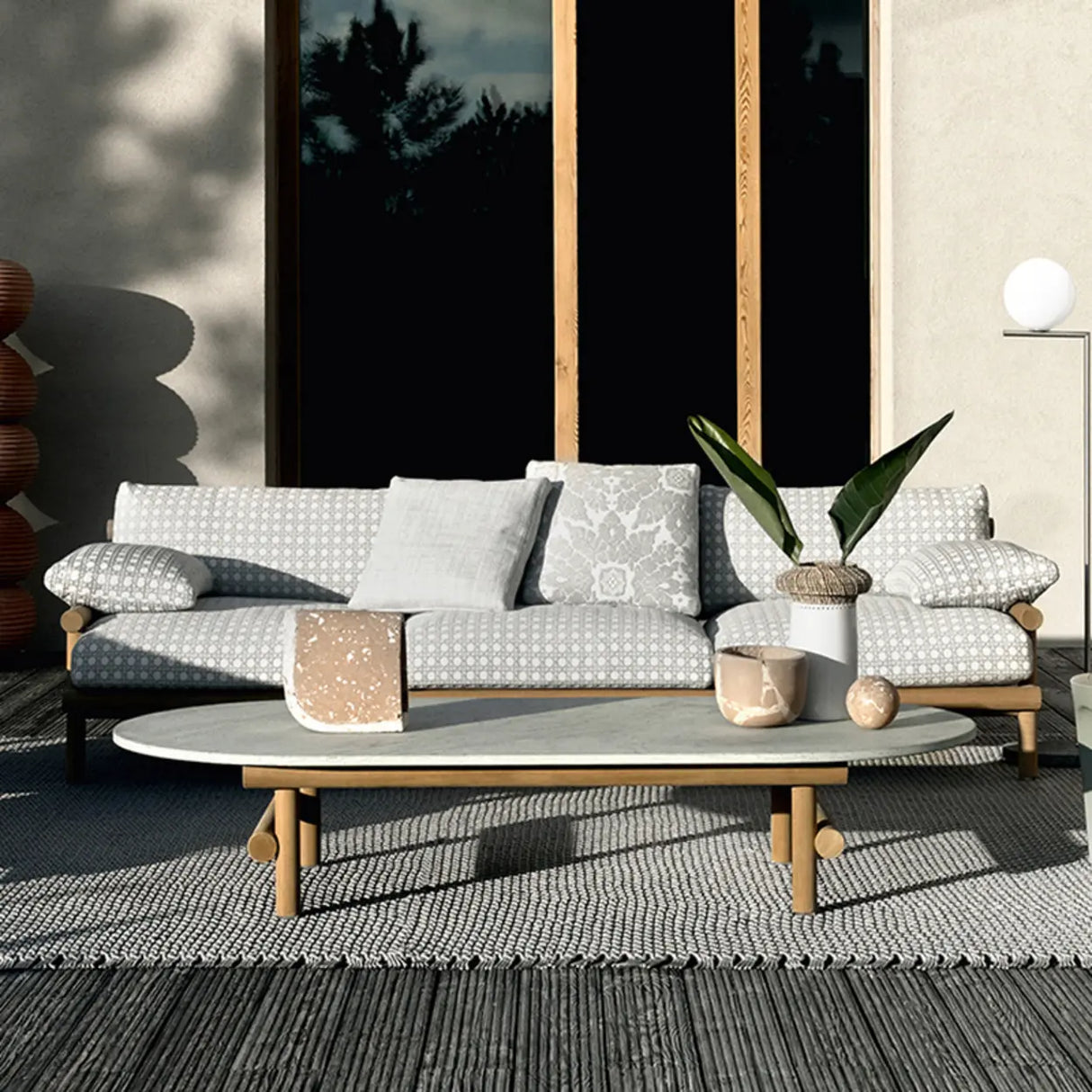 Pillow Included Waterproof Fabric Gray Teak Patio Sofa Set Image - 1