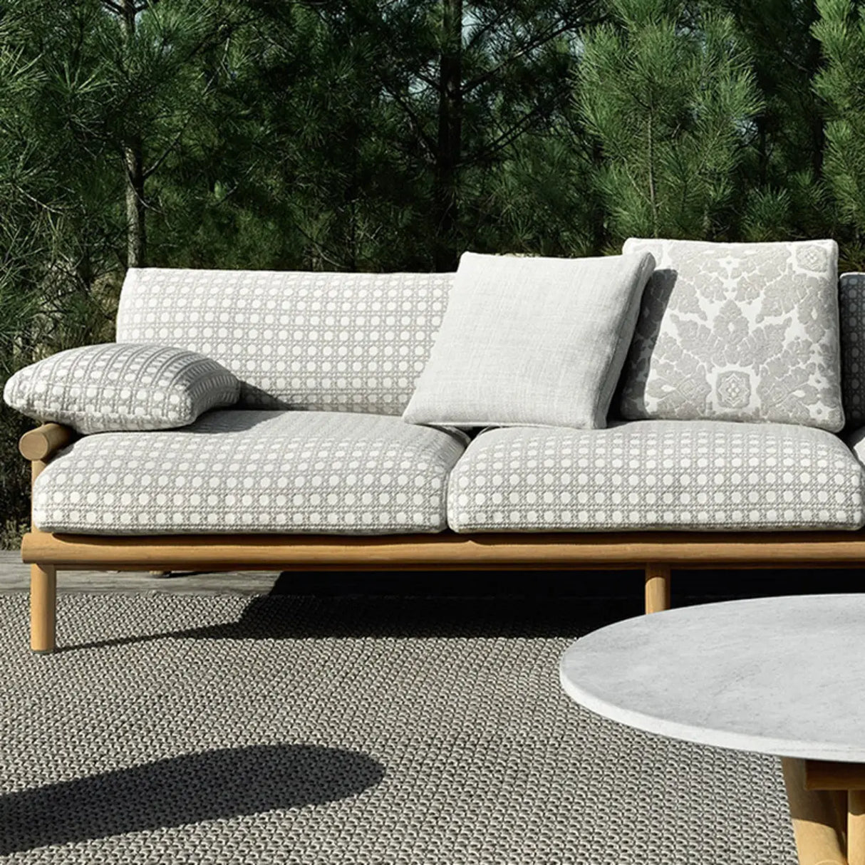 Pillow Included Waterproof Fabric Gray Teak Patio Sofa Set Image - 6
