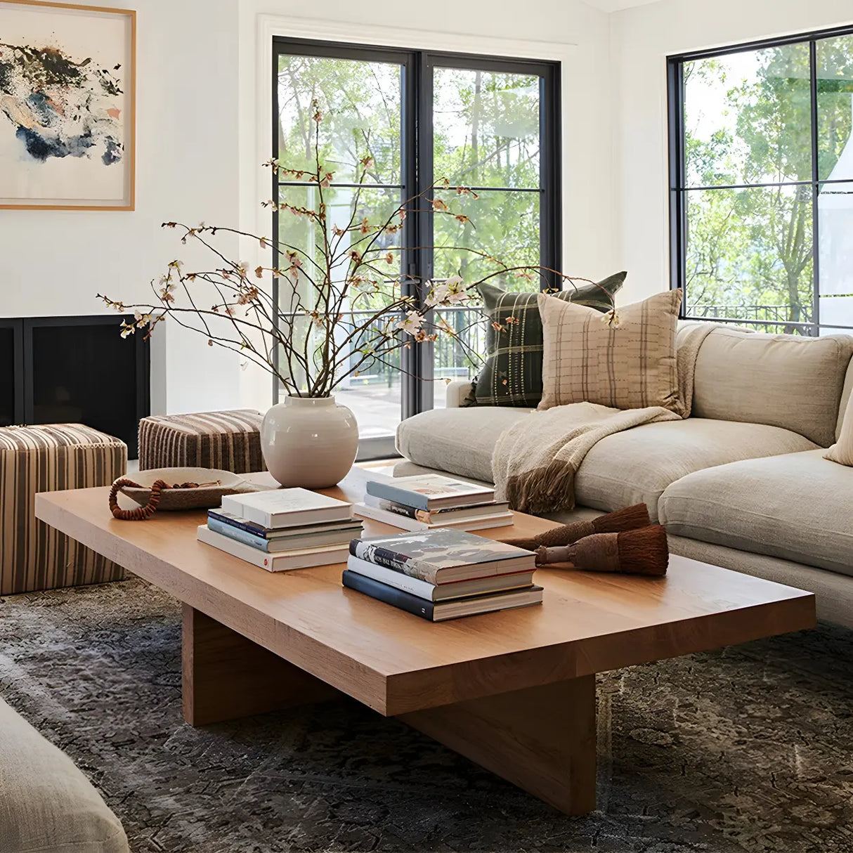 Pine Wood Rectangular Coffee Table with Cross Legs Image - 1