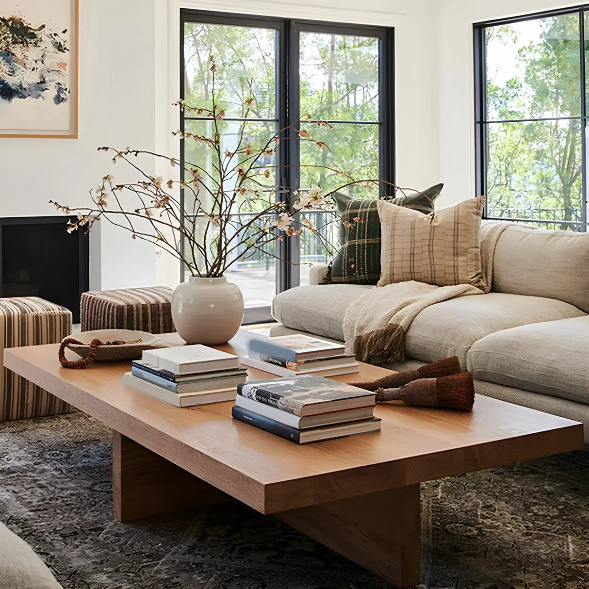 Pine Wood Rectangular Coffee Table with Cross Legs Image - 2