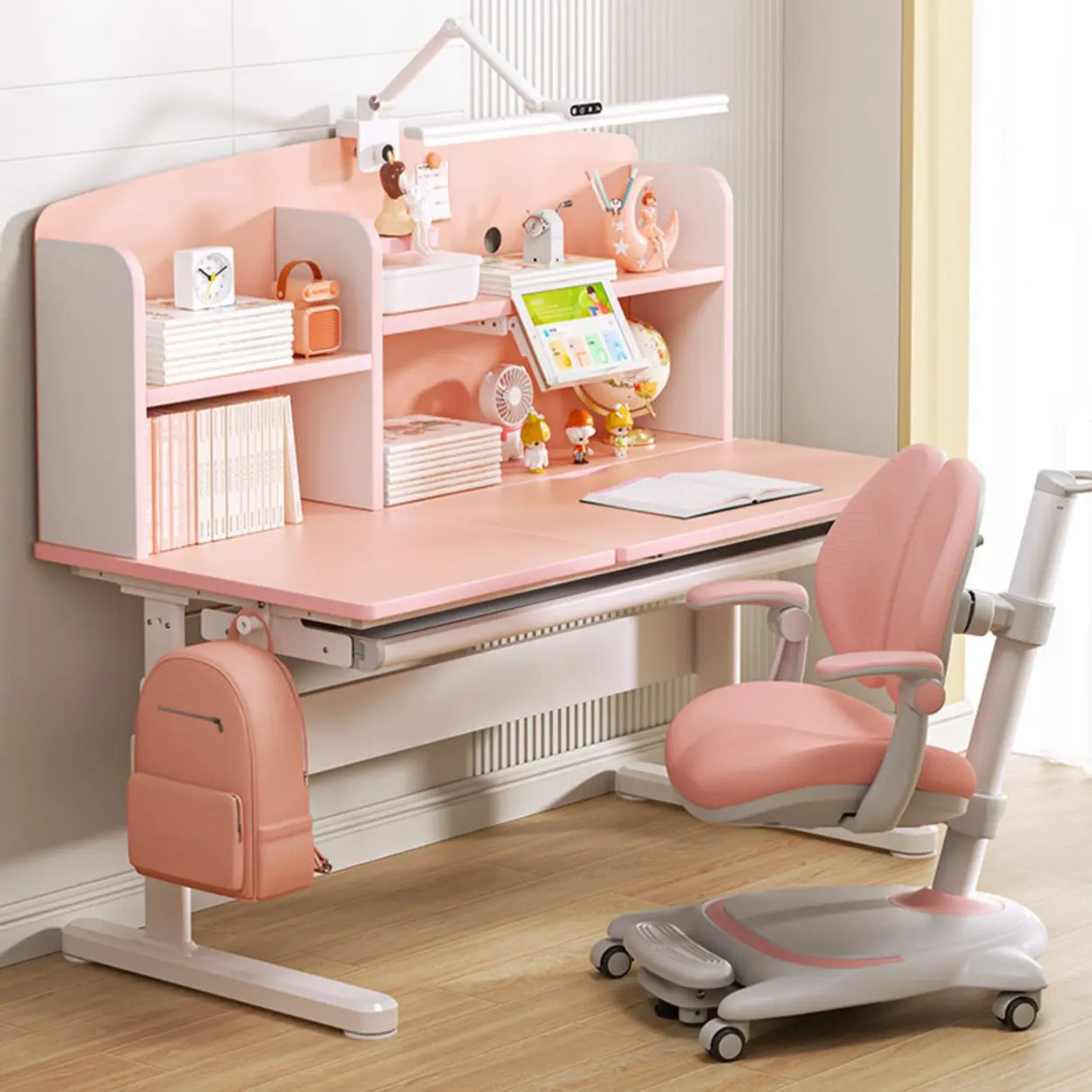 Pink Adjustable Ergonomic Wood Kids Desk with Hutch Image - 1
