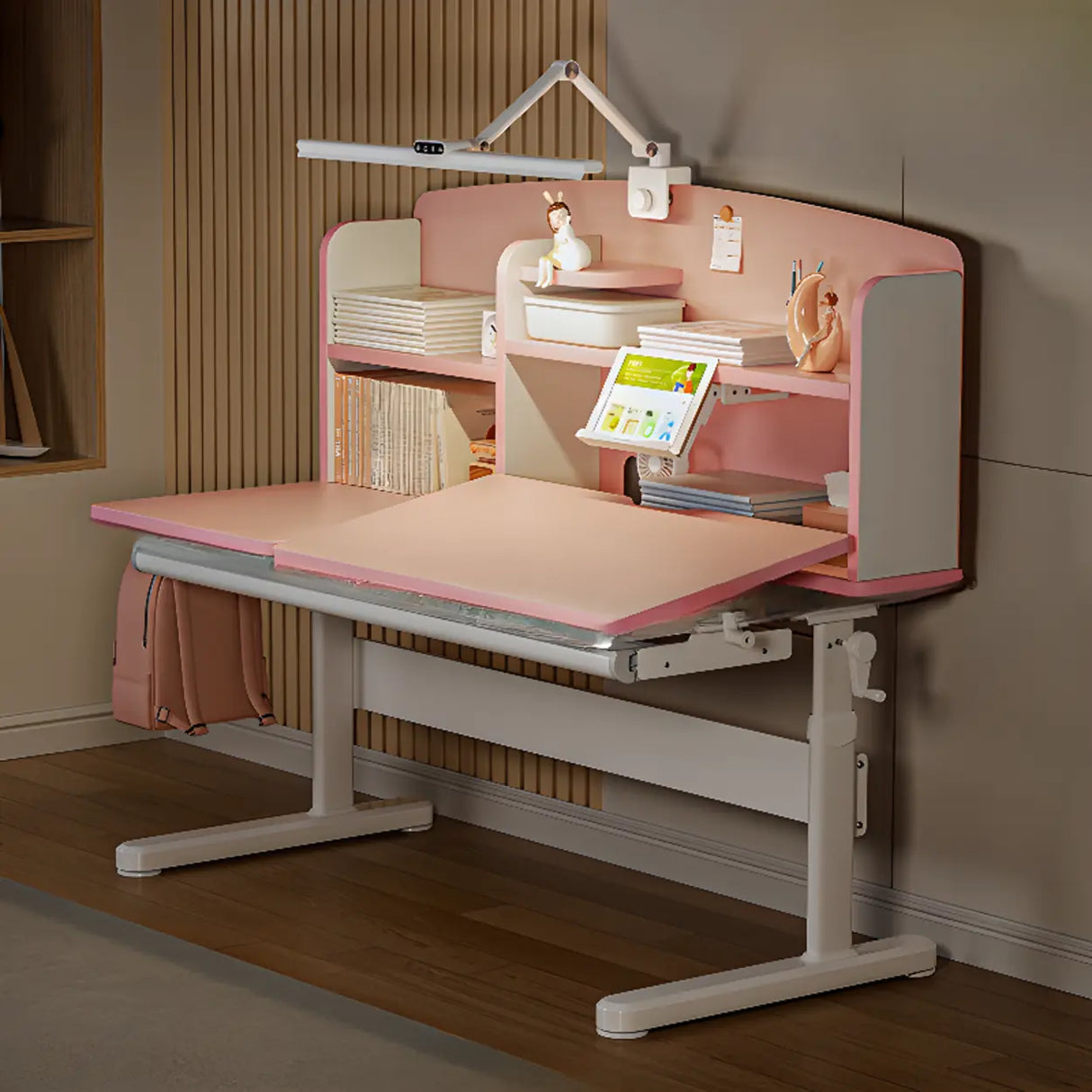 Pink Adjustable Ergonomic Wood Kids Desk with Hutch Image - 3