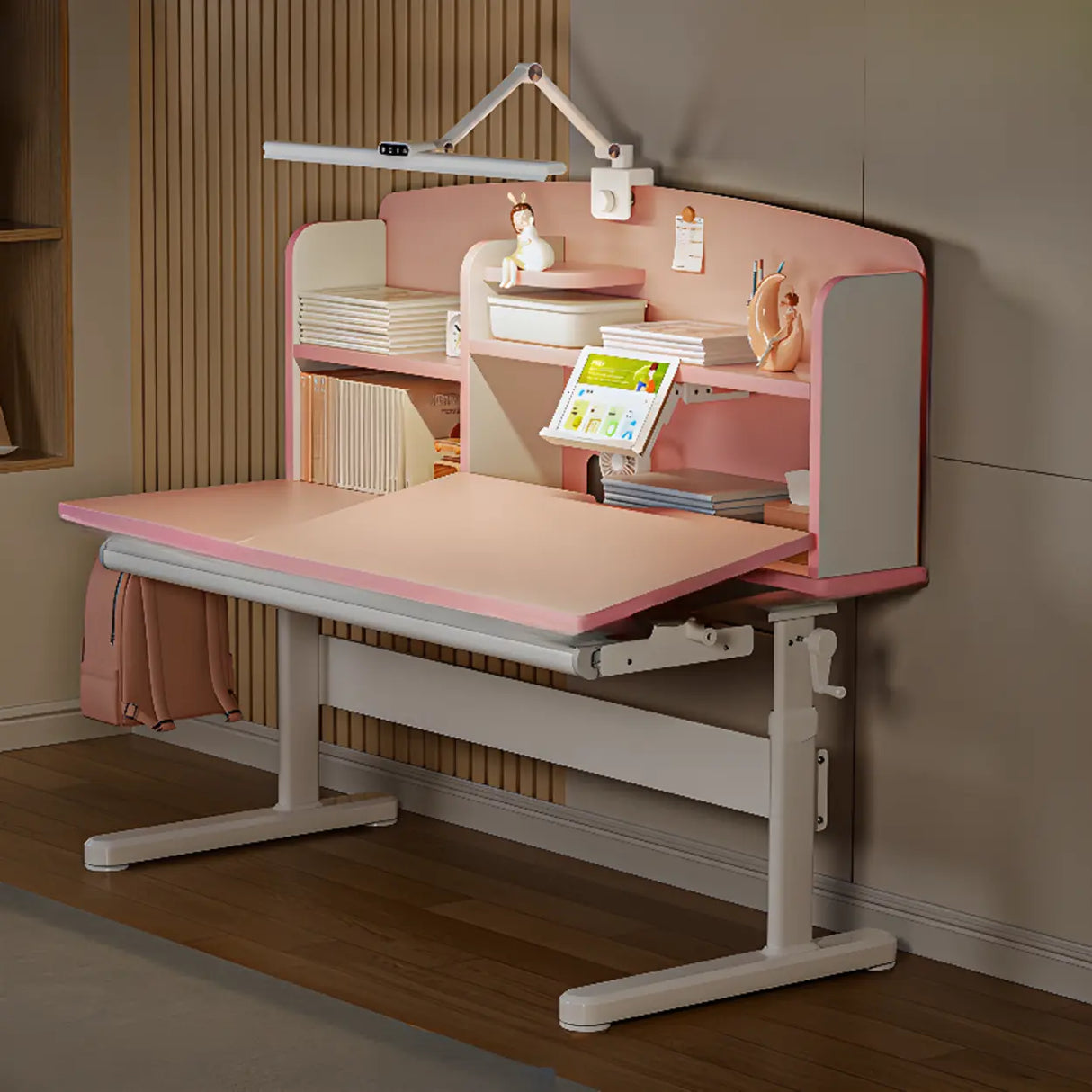 Pink Adjustable Ergonomic Wood Kids Desk with Hutch Image - 4
