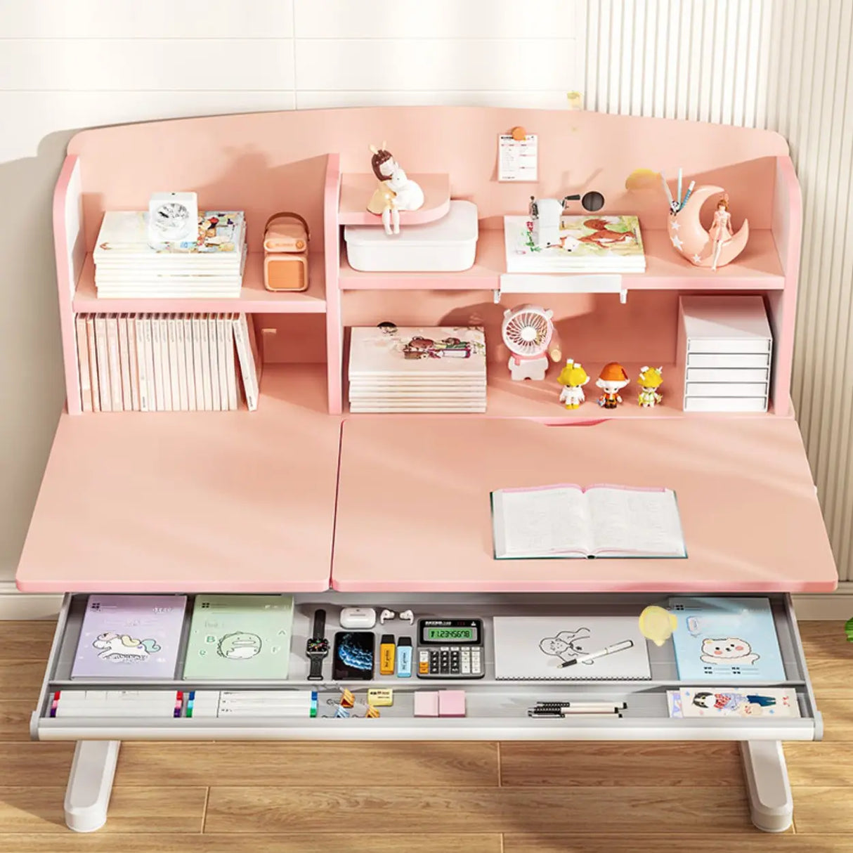 Pink Adjustable Ergonomic Wood Kids Desk with Hutch Image - 5