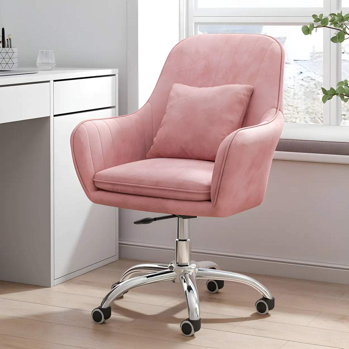 Pink Adjustable Plush Upholstered Swivel Office Chair Image - 1