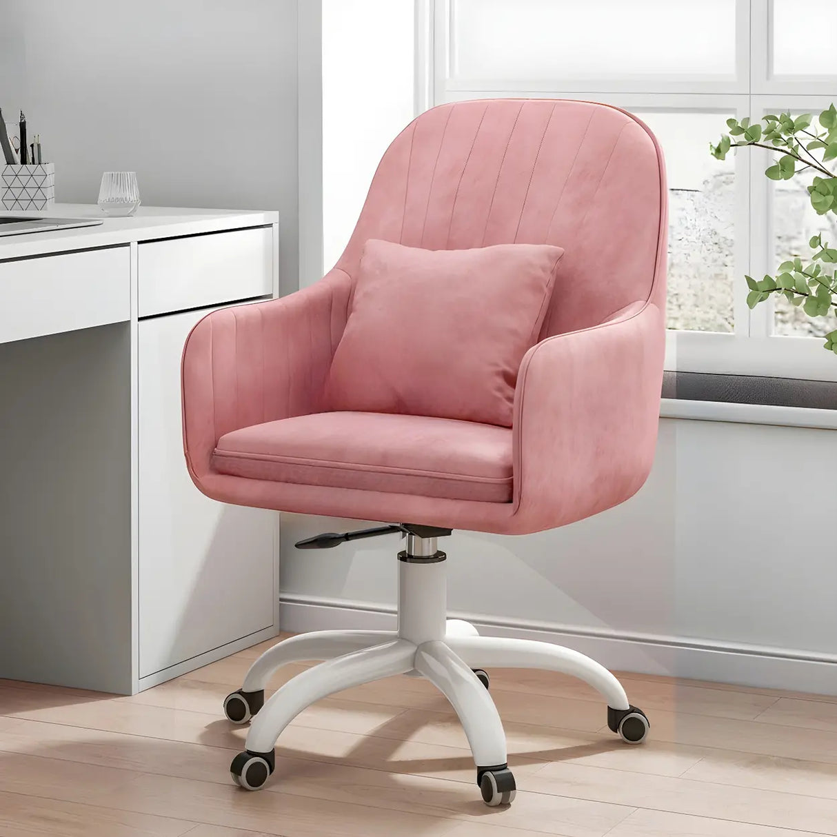 Pink Adjustable Plush Upholstered Swivel Office Chair Image - 11