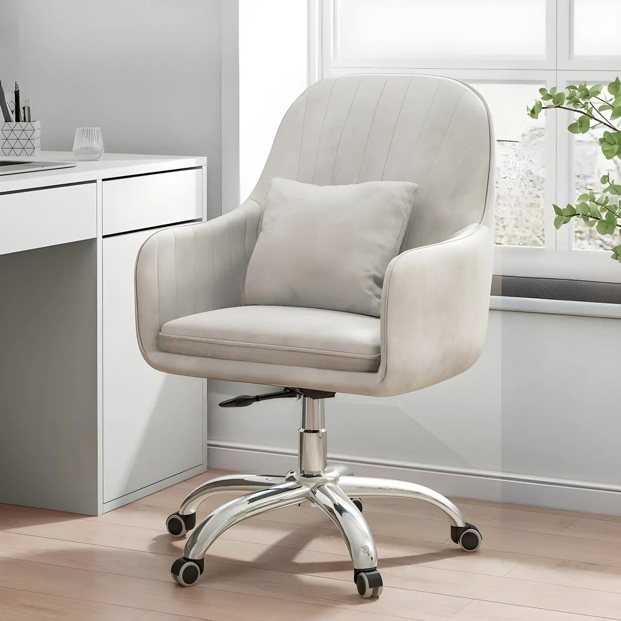 Pink Adjustable Plush Upholstered Swivel Office Chair Image - 13