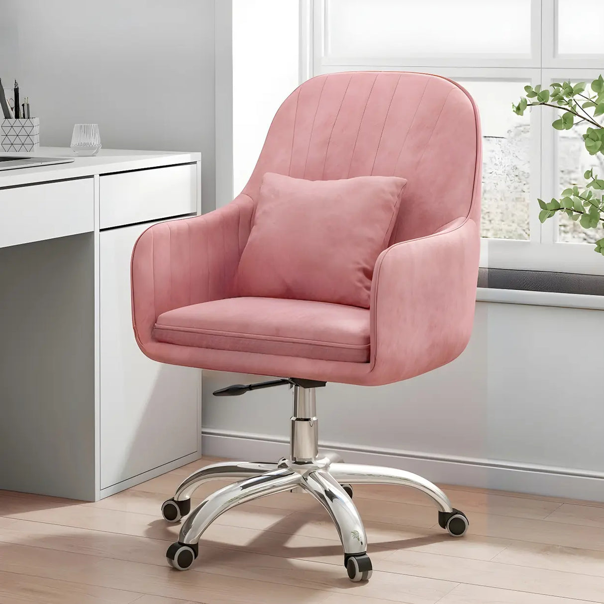 Pink Adjustable Plush Upholstered Swivel Office Chair Image - 2
