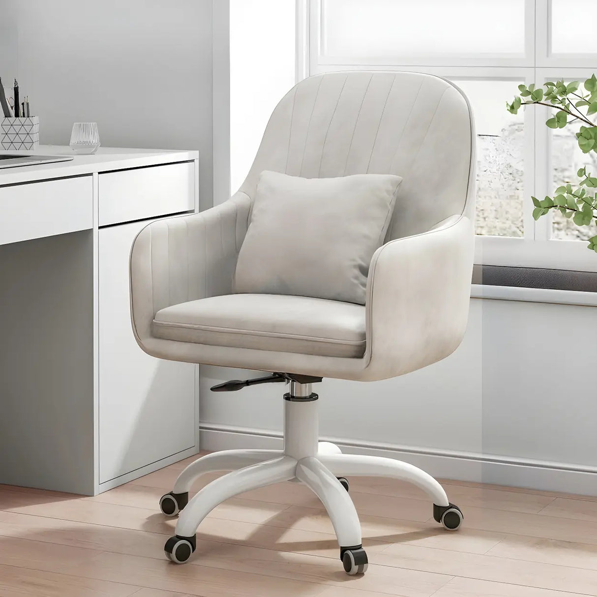 Pink Adjustable Plush Upholstered Swivel Office Chair Image - 5