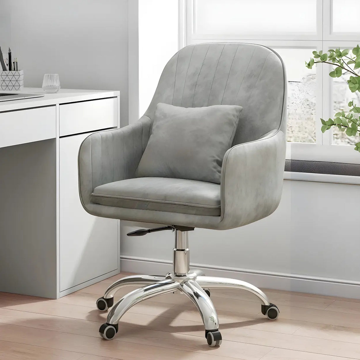 Pink Adjustable Plush Upholstered Swivel Office Chair Image - 7