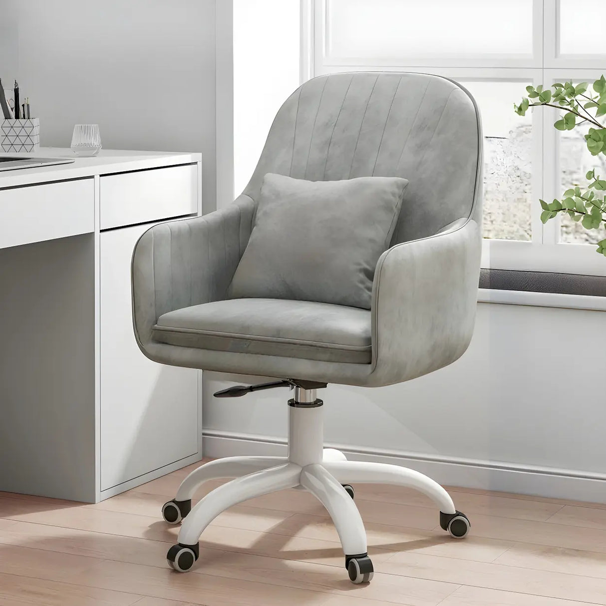 Pink Adjustable Plush Upholstered Swivel Office Chair Image - 9