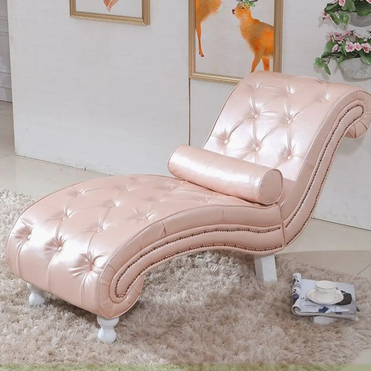 Pink Arc Velvet Reclining Armless Standard Chaise Lounge Image - 20